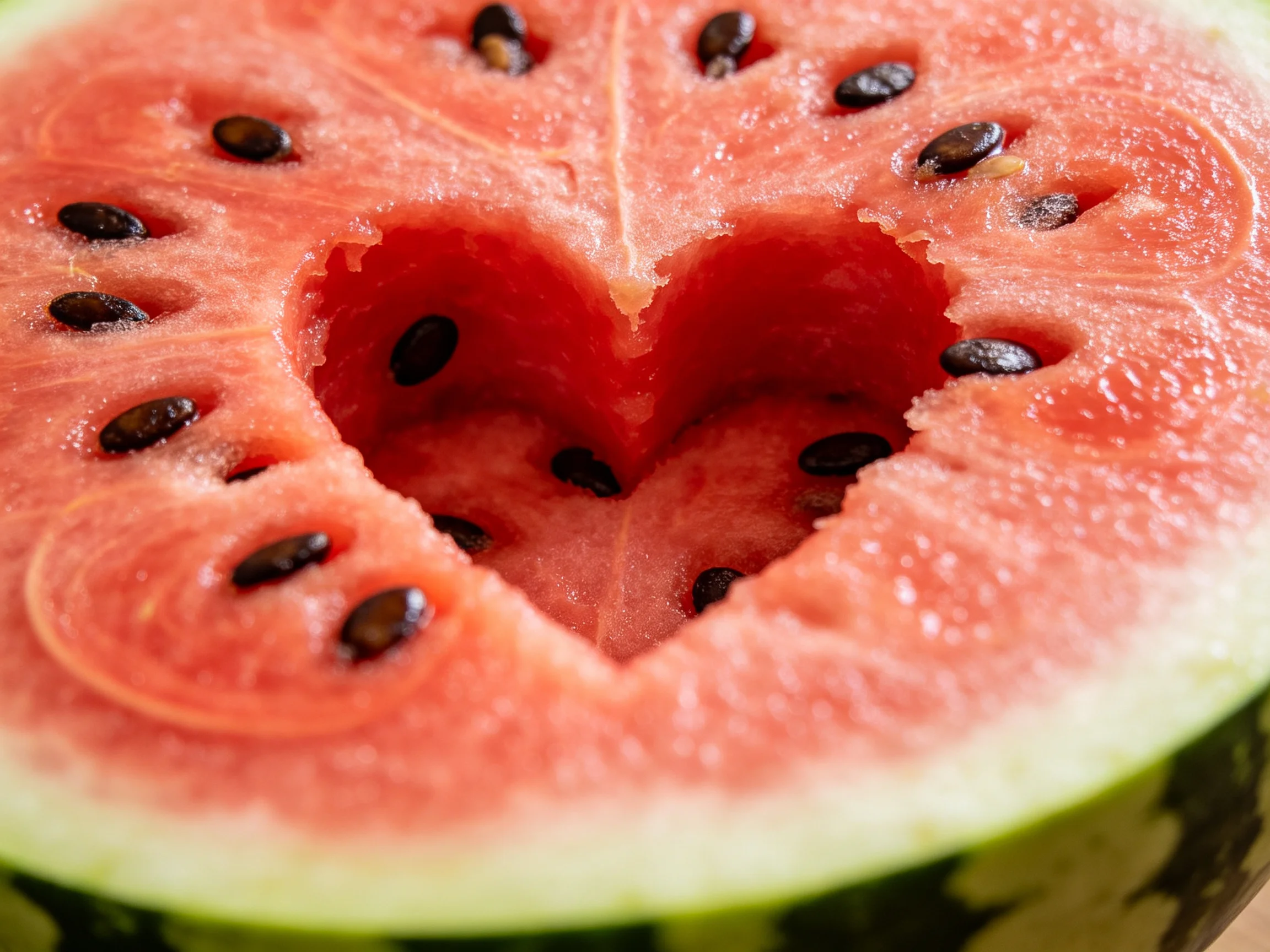 A vibrant watermelon slice with a heart - shaped hollow and dark seeds