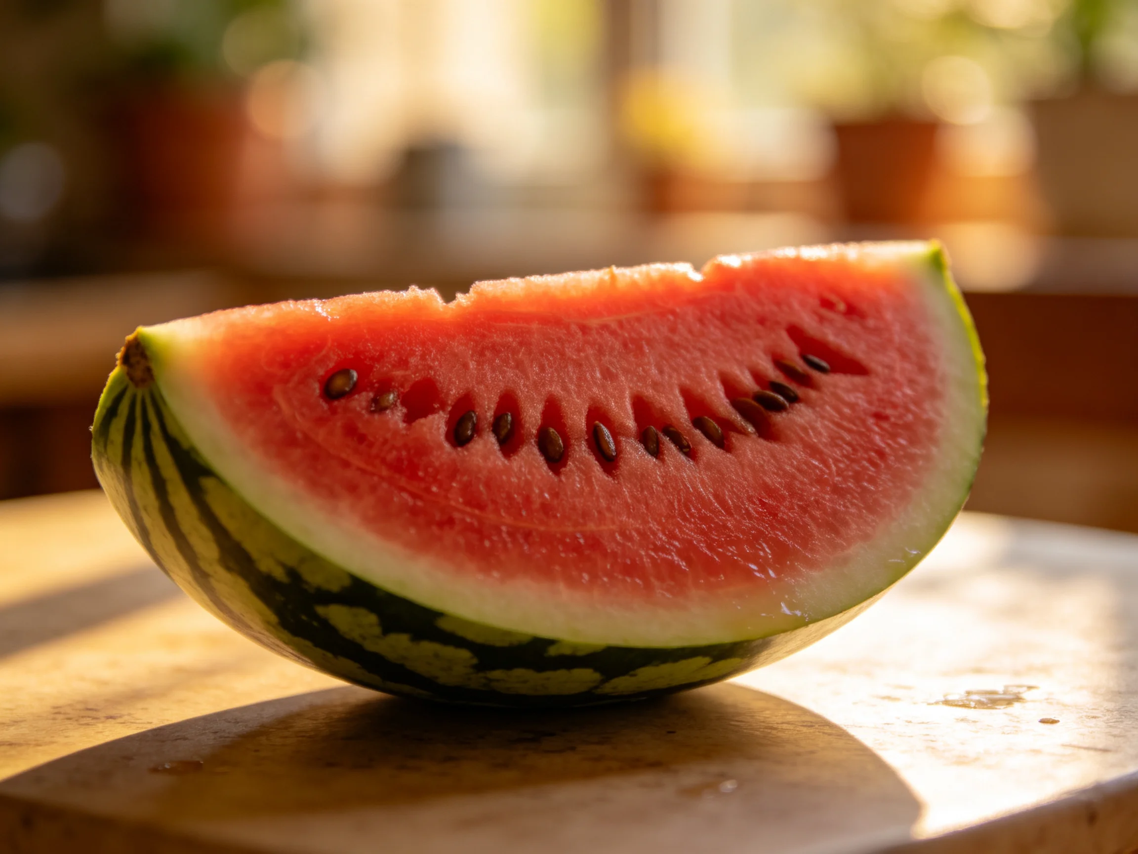 A vibrant watermelon slice with red flesh and green stripes on a wooden surface