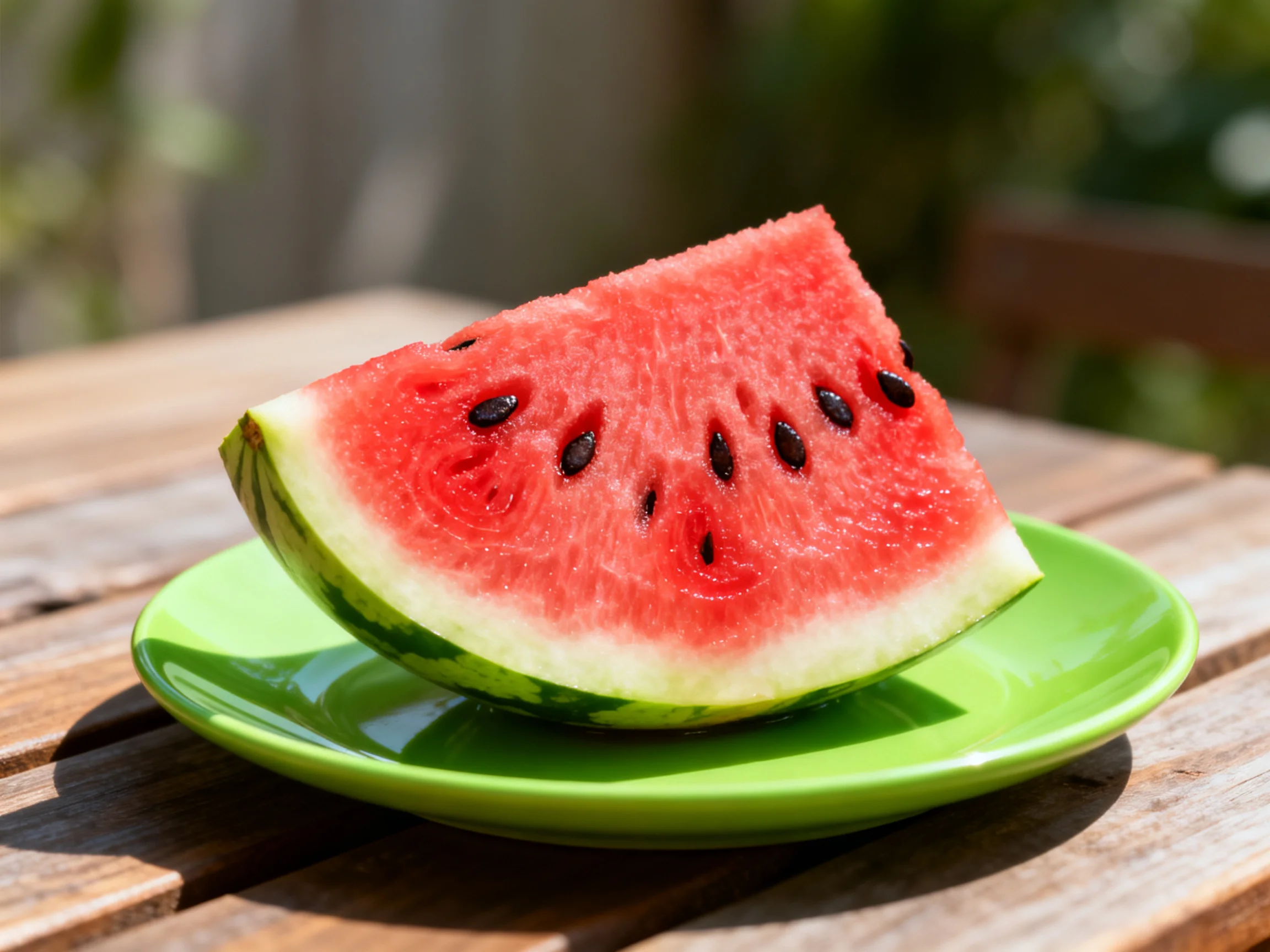 A vibrant watermelon wedge on a glossy green plate outdoors