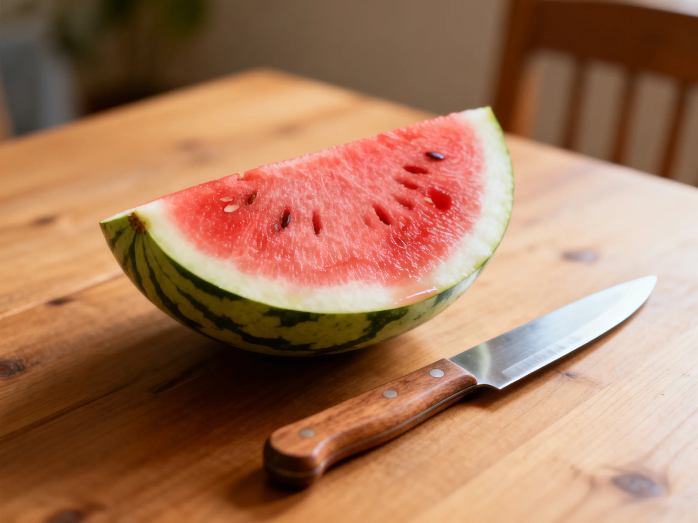 A vibrant watermelon wedge rests beside a wooden-handled knife on a polished wooden table