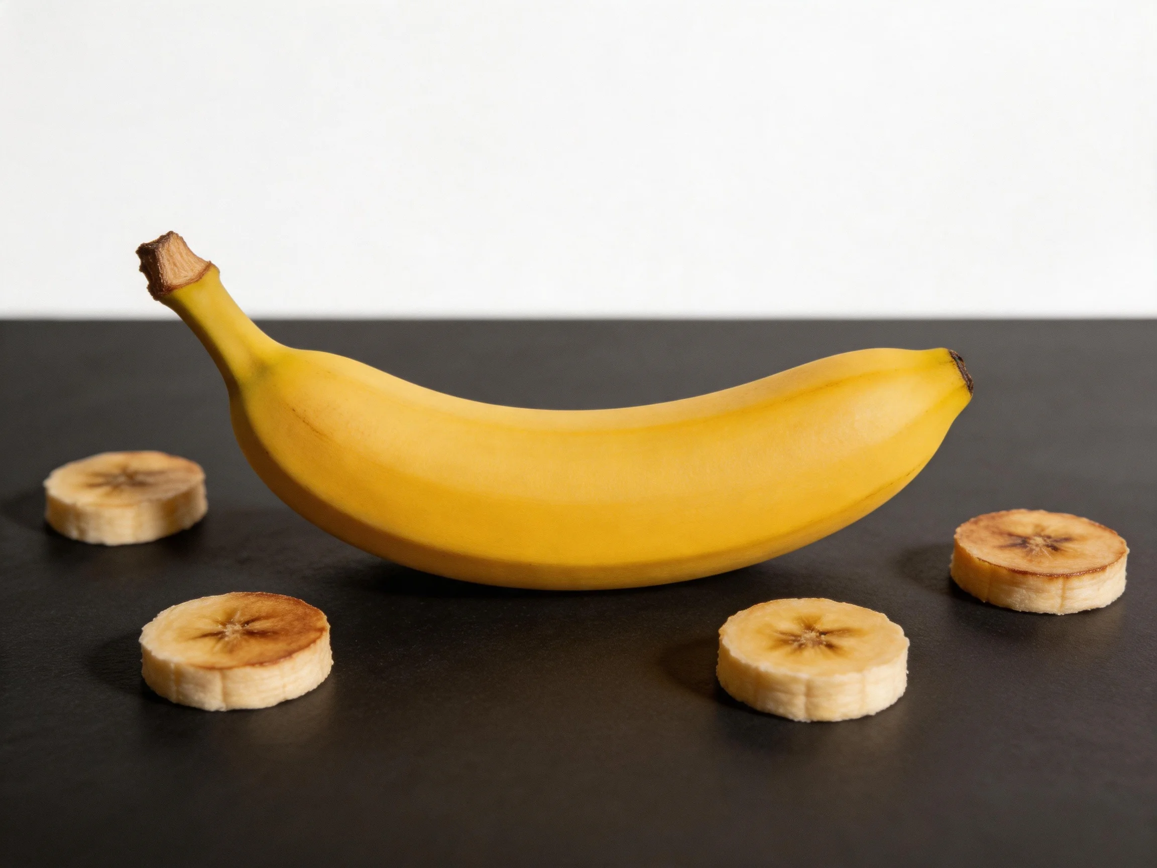 A vibrant yellow banana with four sliced pieces on a dark surface