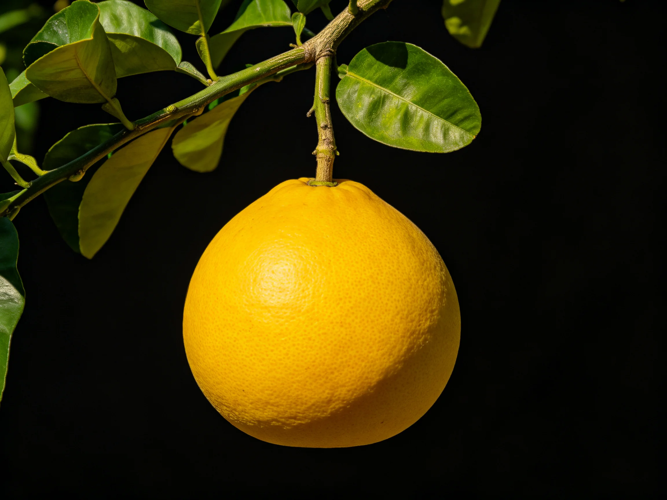 A vibrant yellow citrus fruit hangs from a leafy branch against a dark backdrop