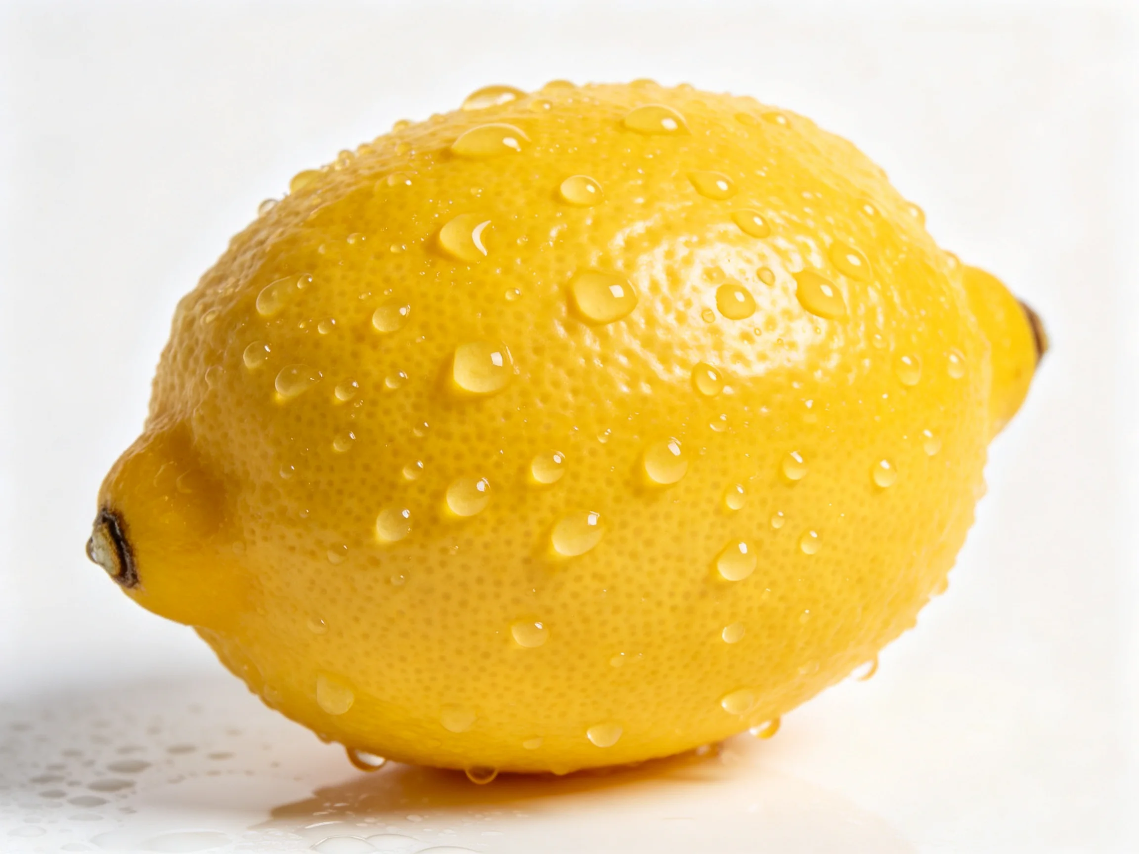 A vibrant yellow lemon adorned with glistening water droplets