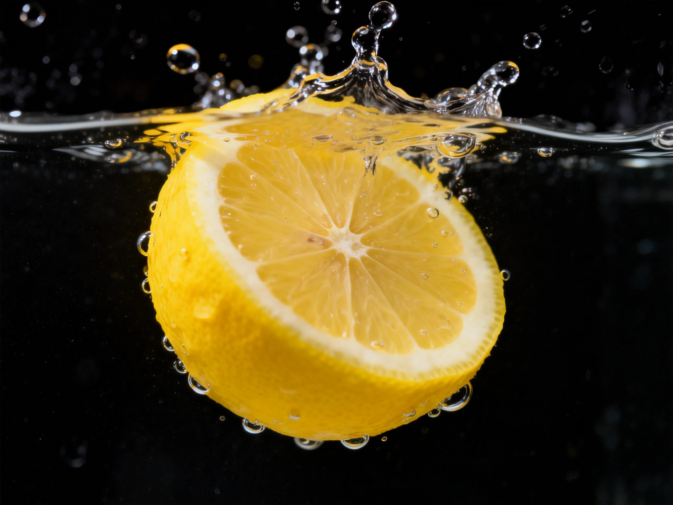 A vibrant yellow lemon half splashing into water with dynamic bubbles