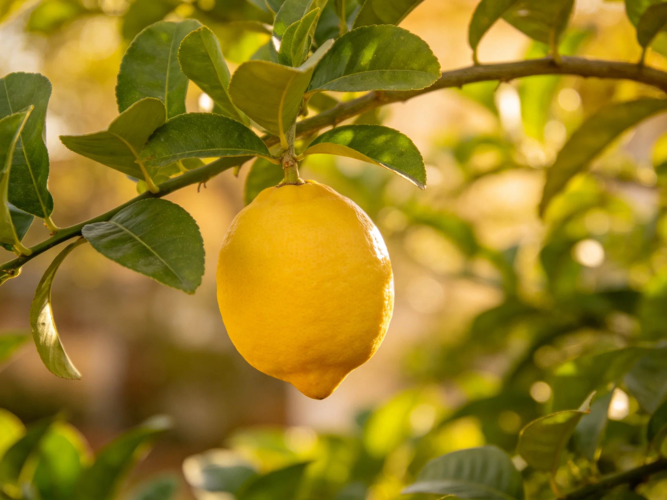 A vibrant yellow lemon hangs from a leafy citrus branch