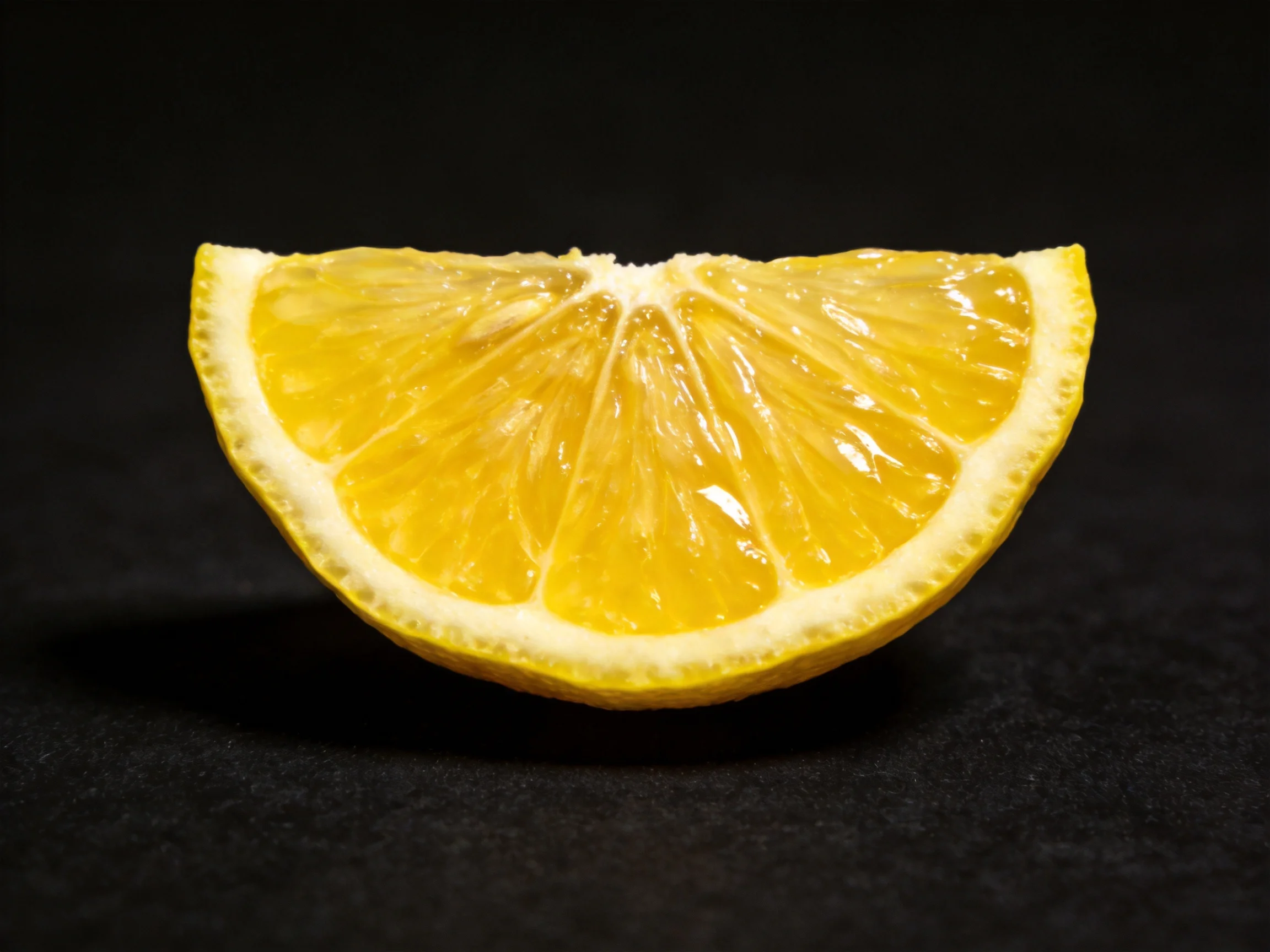 A vibrant yellow lemon wedge with glossy segments on a black background