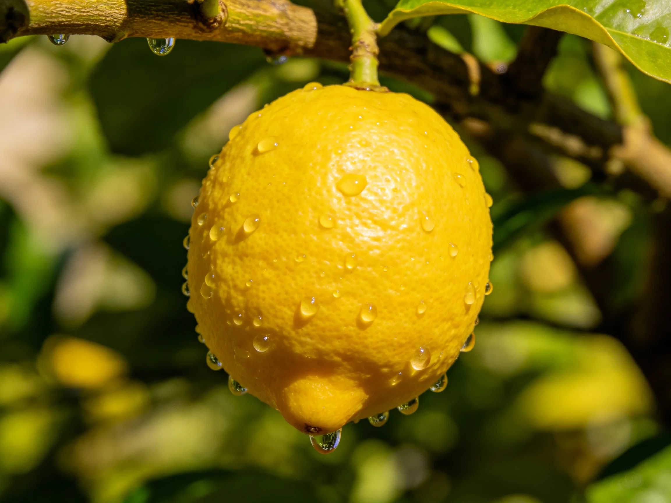 A vibrant yellow lemon with glistening droplets hangs from a tree branch