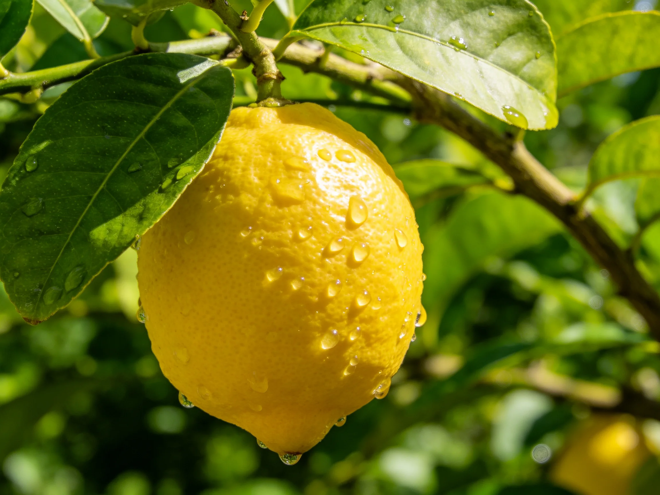 A vibrant yellow lemon with water droplets hangs from a leafy tree