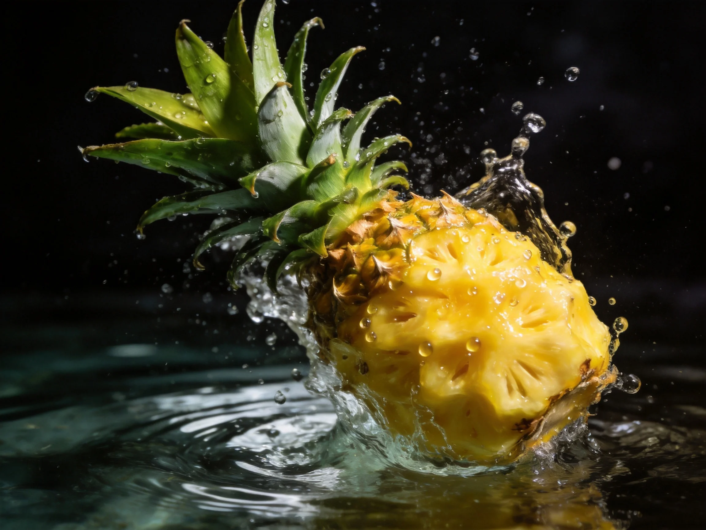 A vibrant yellow pineapple splashing into water with flying droplets