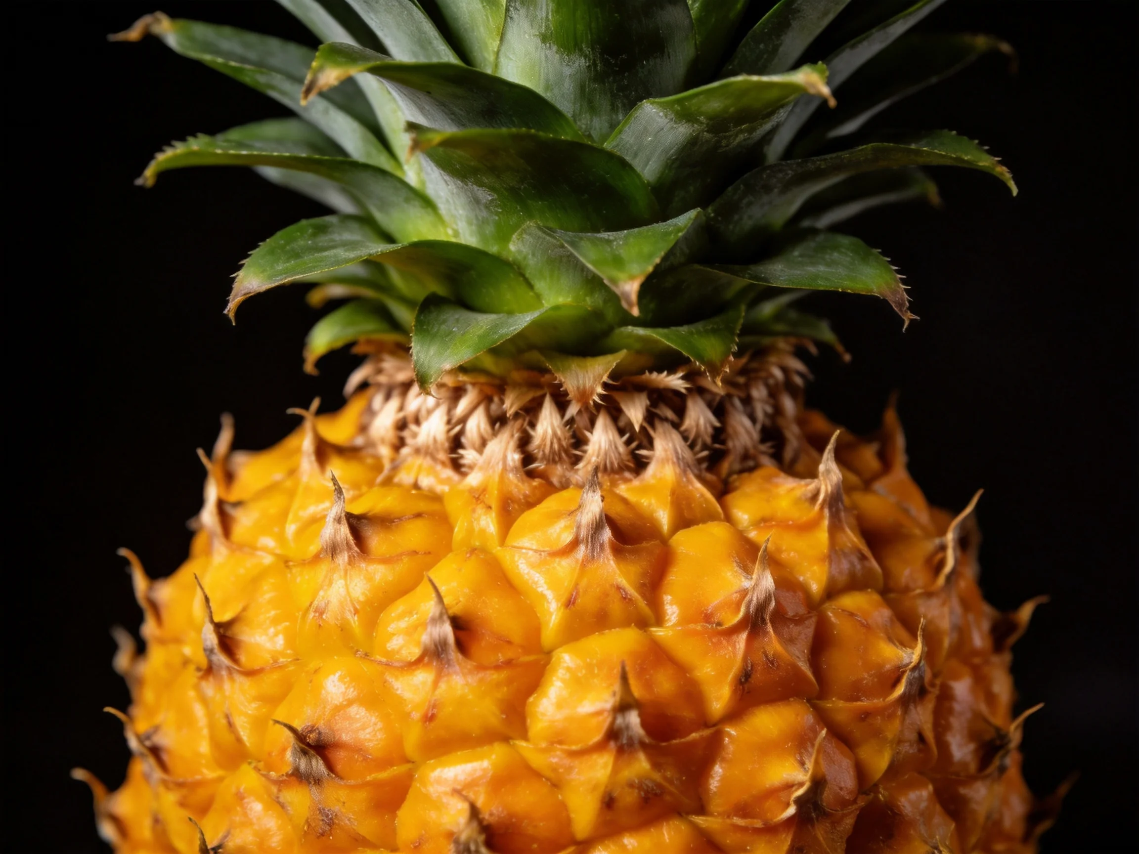 A vibrant yellow pineapple with lush green foliage against a dark backdrop