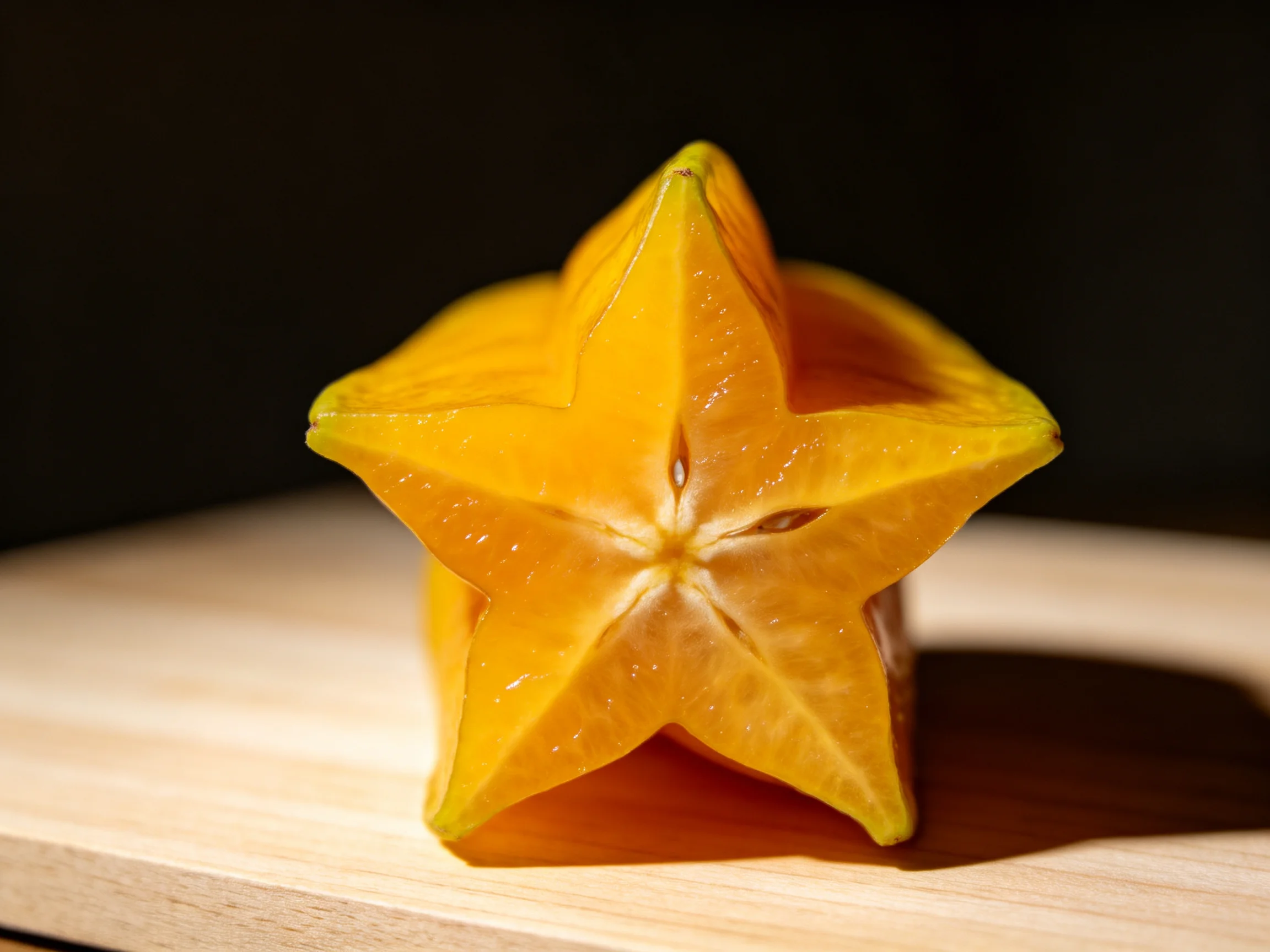 A vibrant yellow starfruit sliced into five pointed sections on a wooden surface
