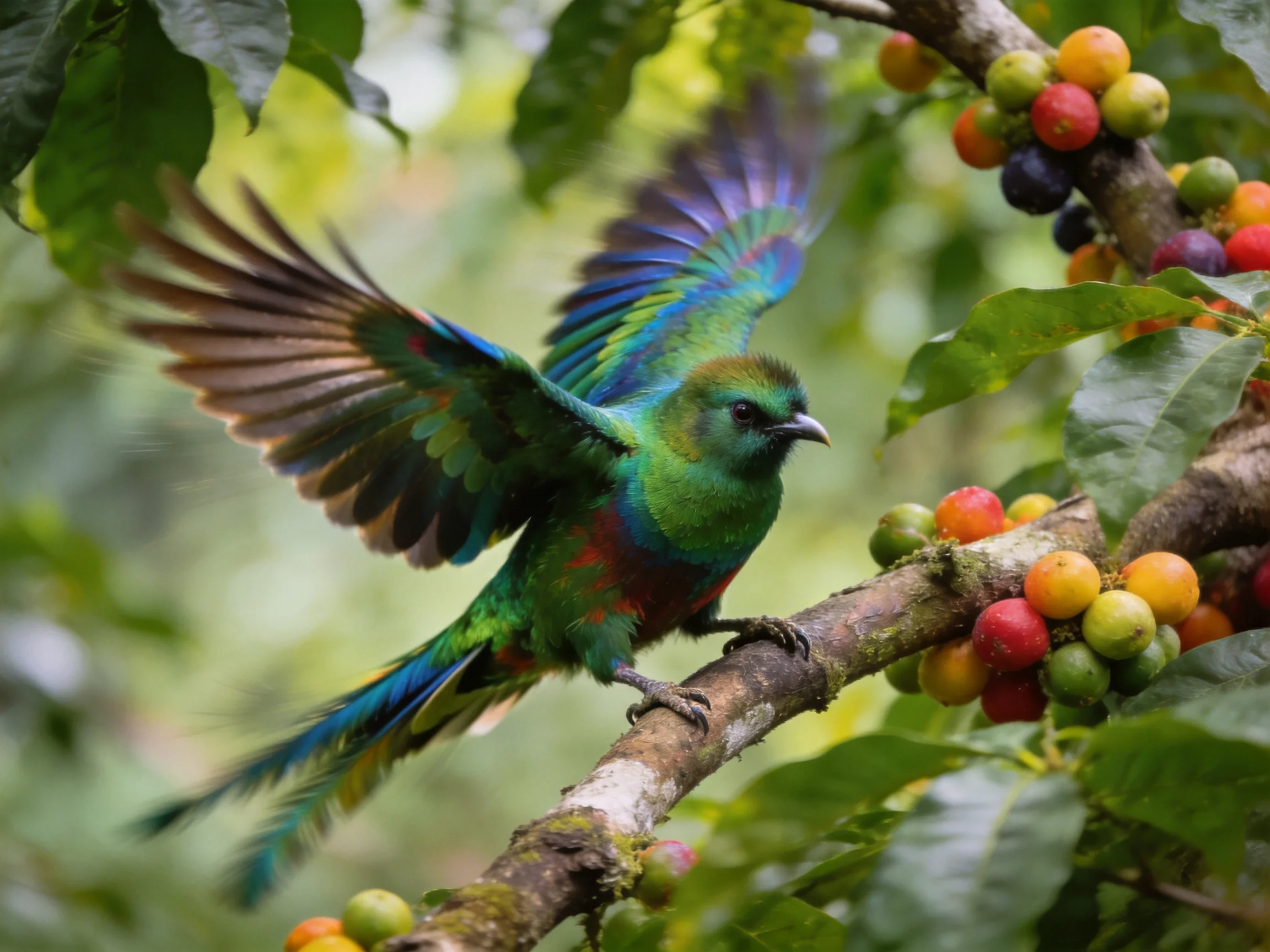 A vibrantly colored bird perched by multicolored berries on a mossy branch