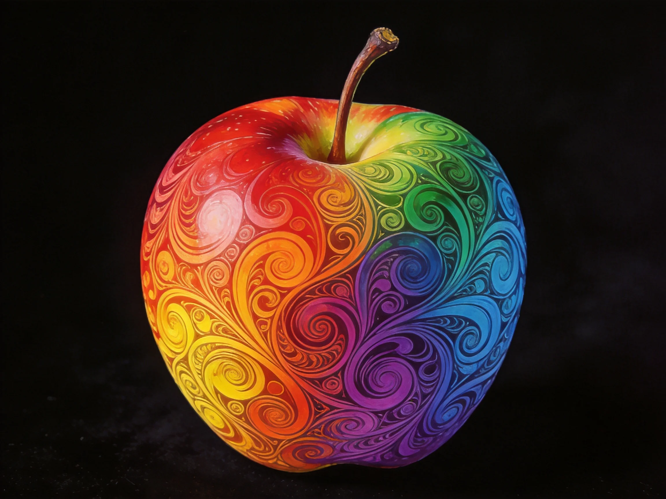A vibrantly colored rainbow-patterned apple with intricate swirls