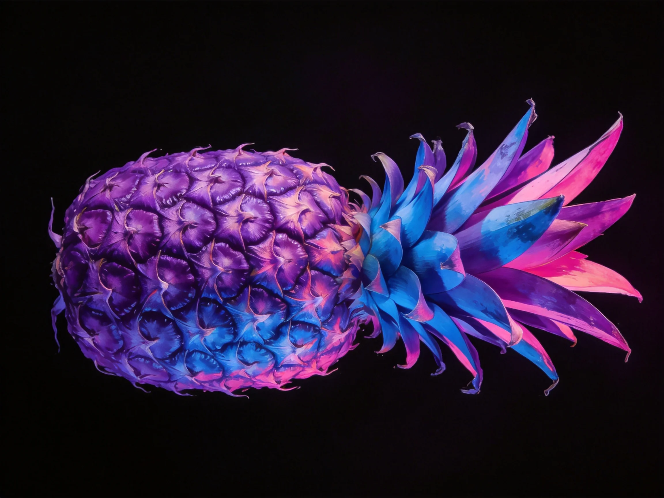 A vibrantly hued pineapple with purple, blue, and pink tones