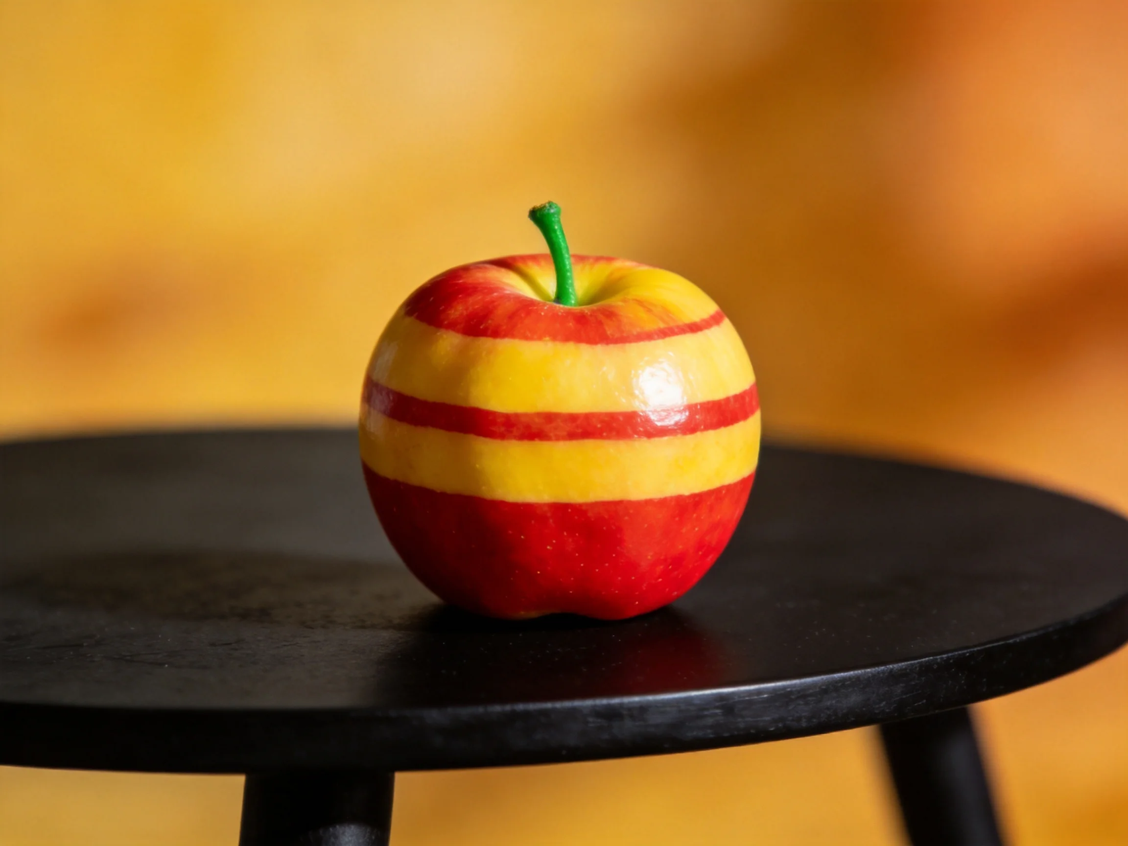 A vibrantly striped red and yellow apple rests on a black round table