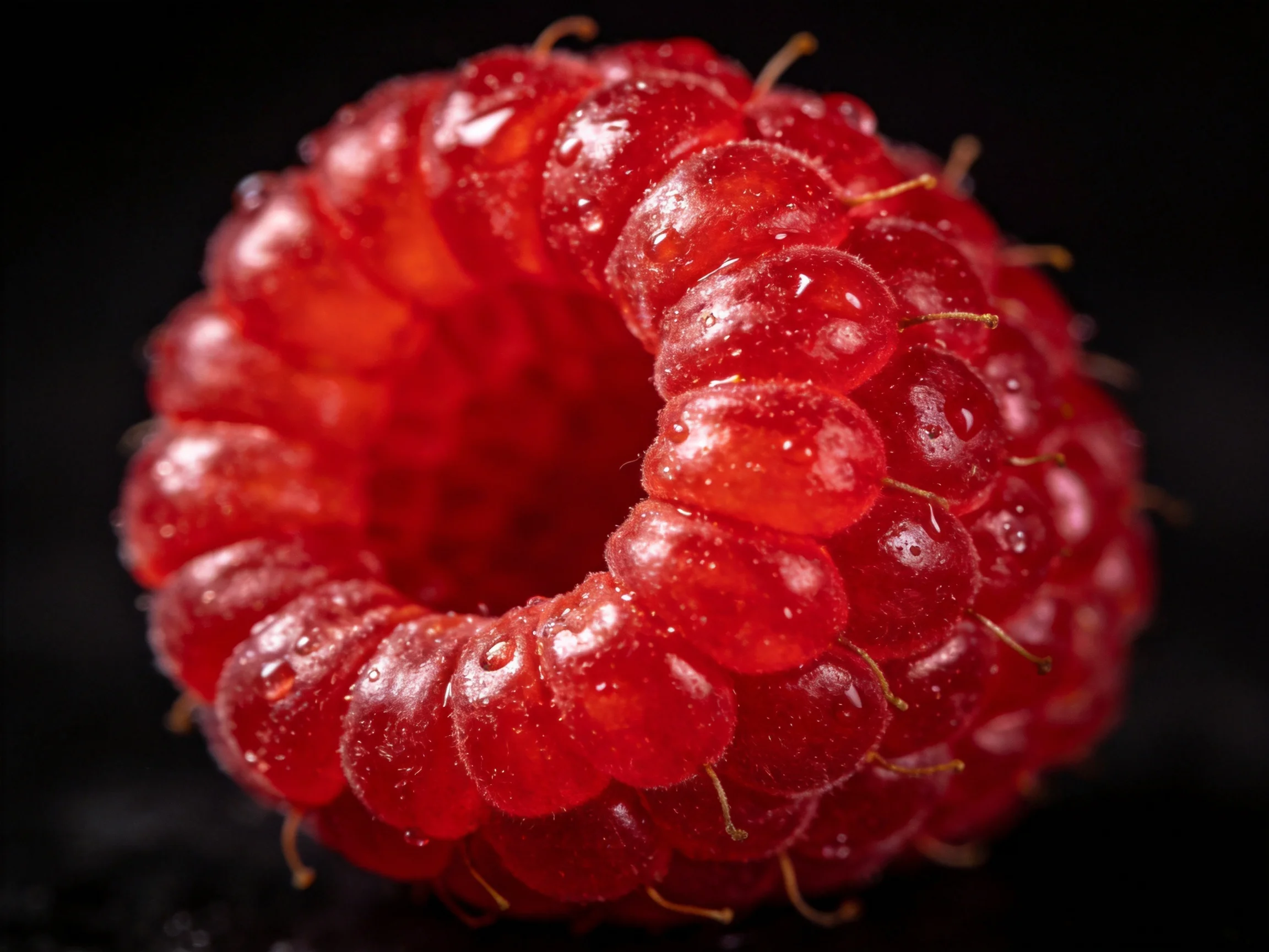 A vivid red raspberry with water droplets, set against a dark backdrop