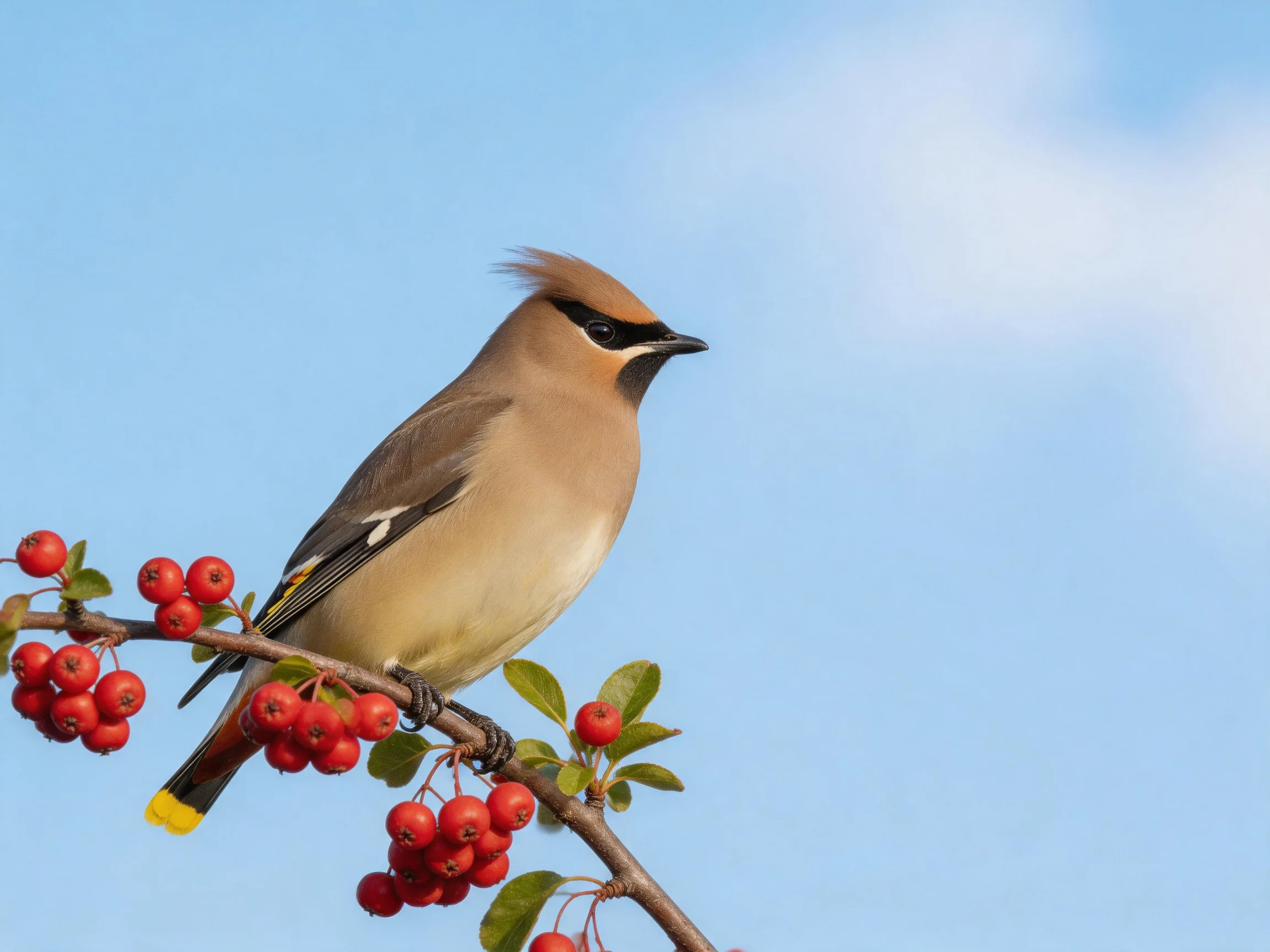A waxwing perched on a berry-laden branch against a clear sky