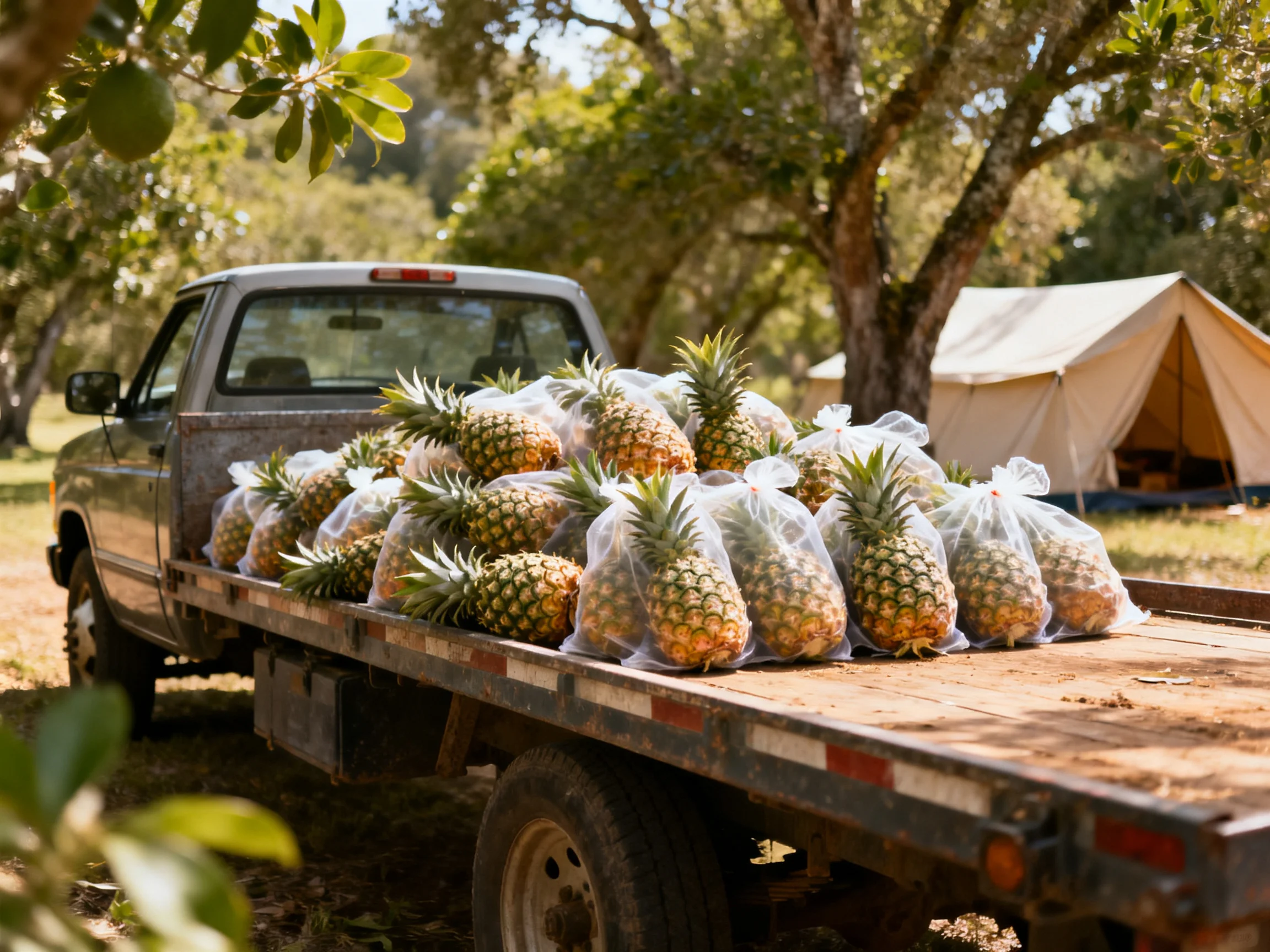 A weathered truck carries numerous bagged golden pineapples near a canvas tent