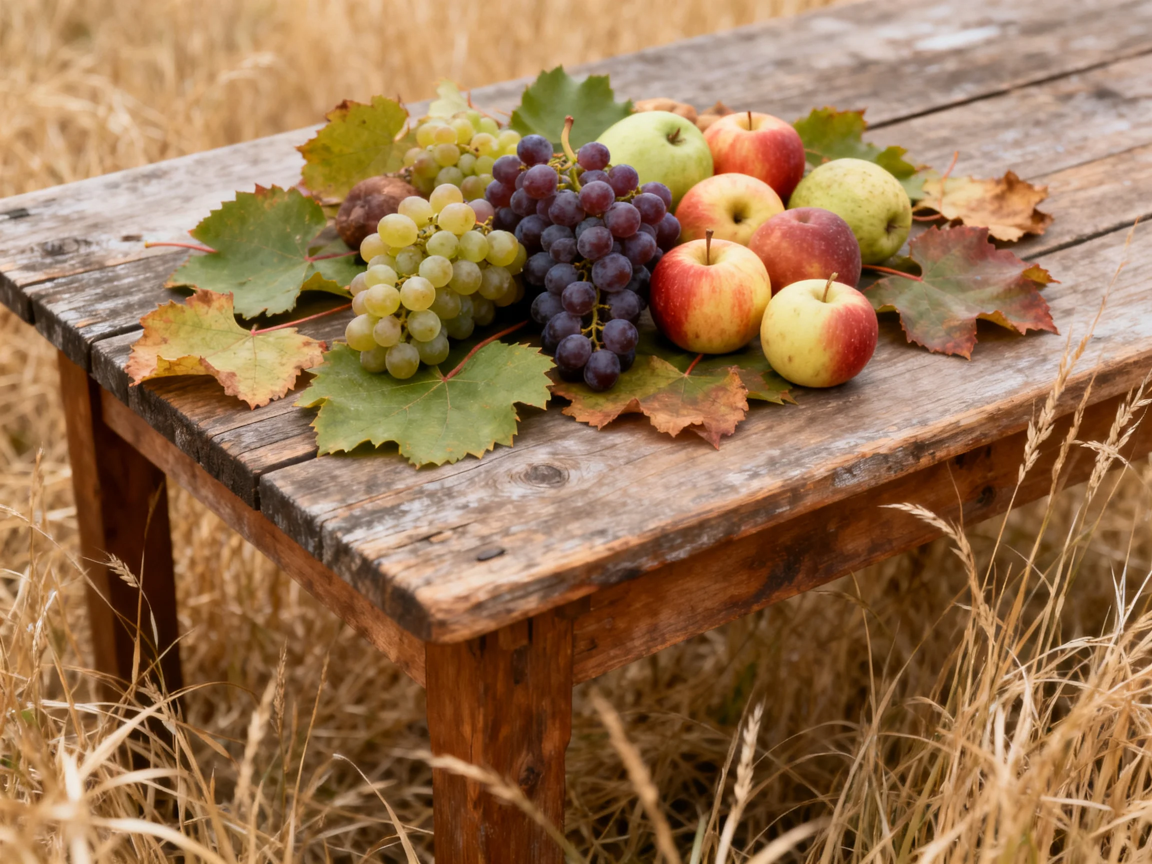 A weathered wooden table holds green and purple grapes, red-yellow apples, and autumn leaves