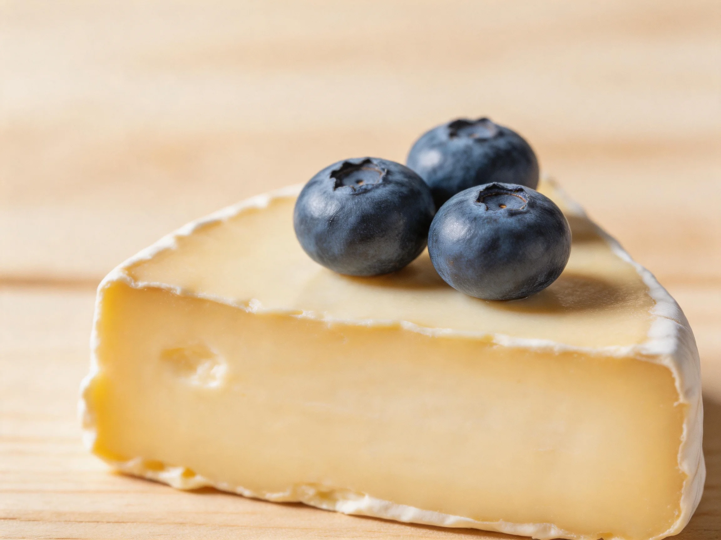 A wedge of creamy yellow cheese topped with three dark blueberries