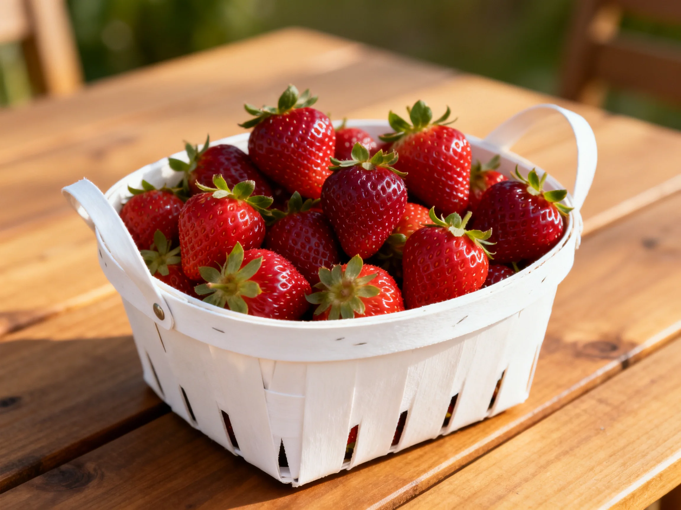 A white basket brimming with plump red strawberries on a wooden table