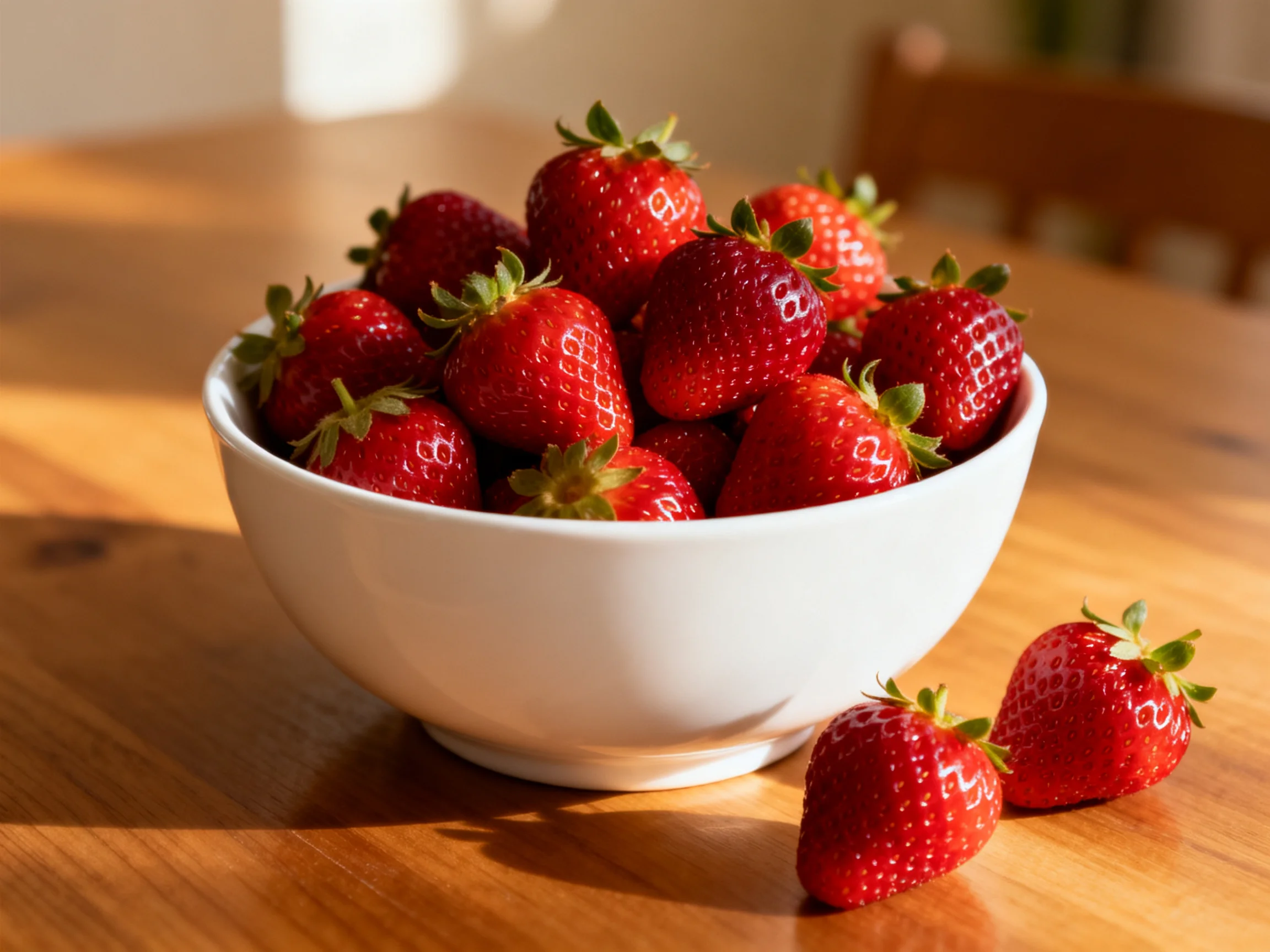 A white bowl brimming with bright red strawberries on a wooden table