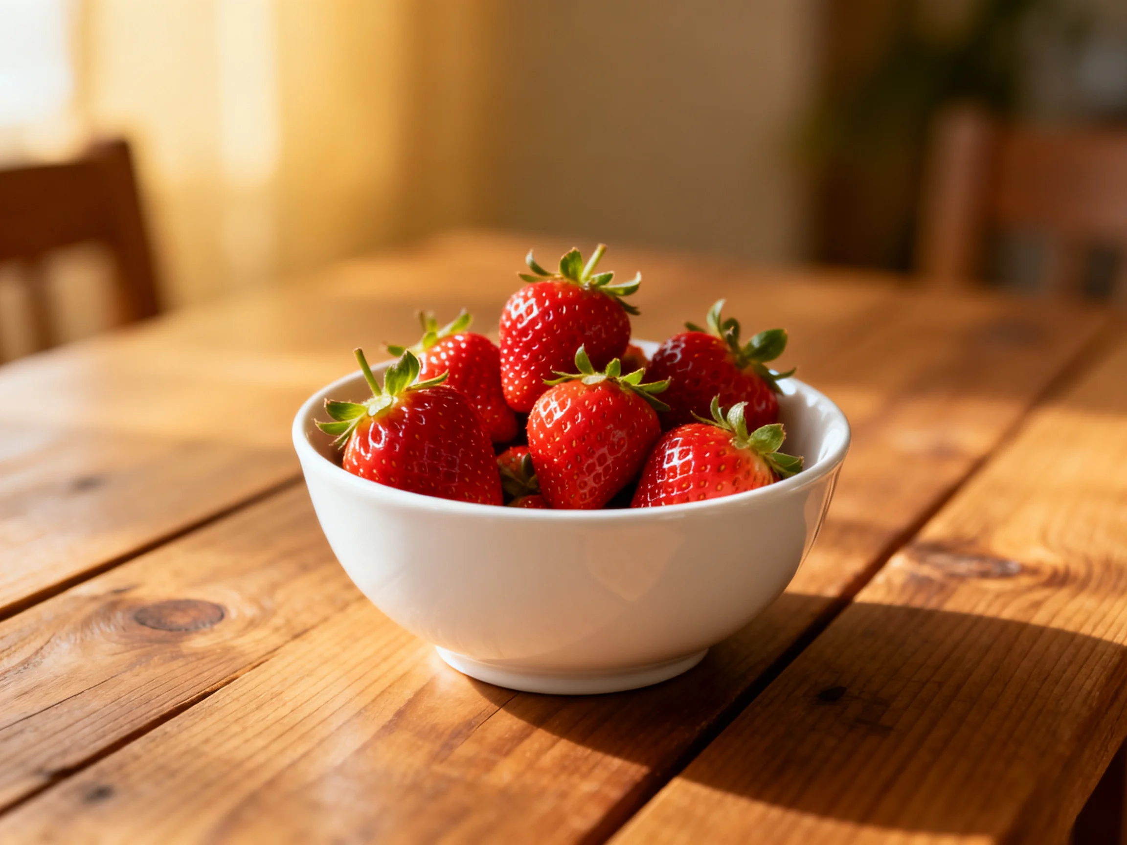 A white bowl brimming with bright red strawberries sits on a wooden table.