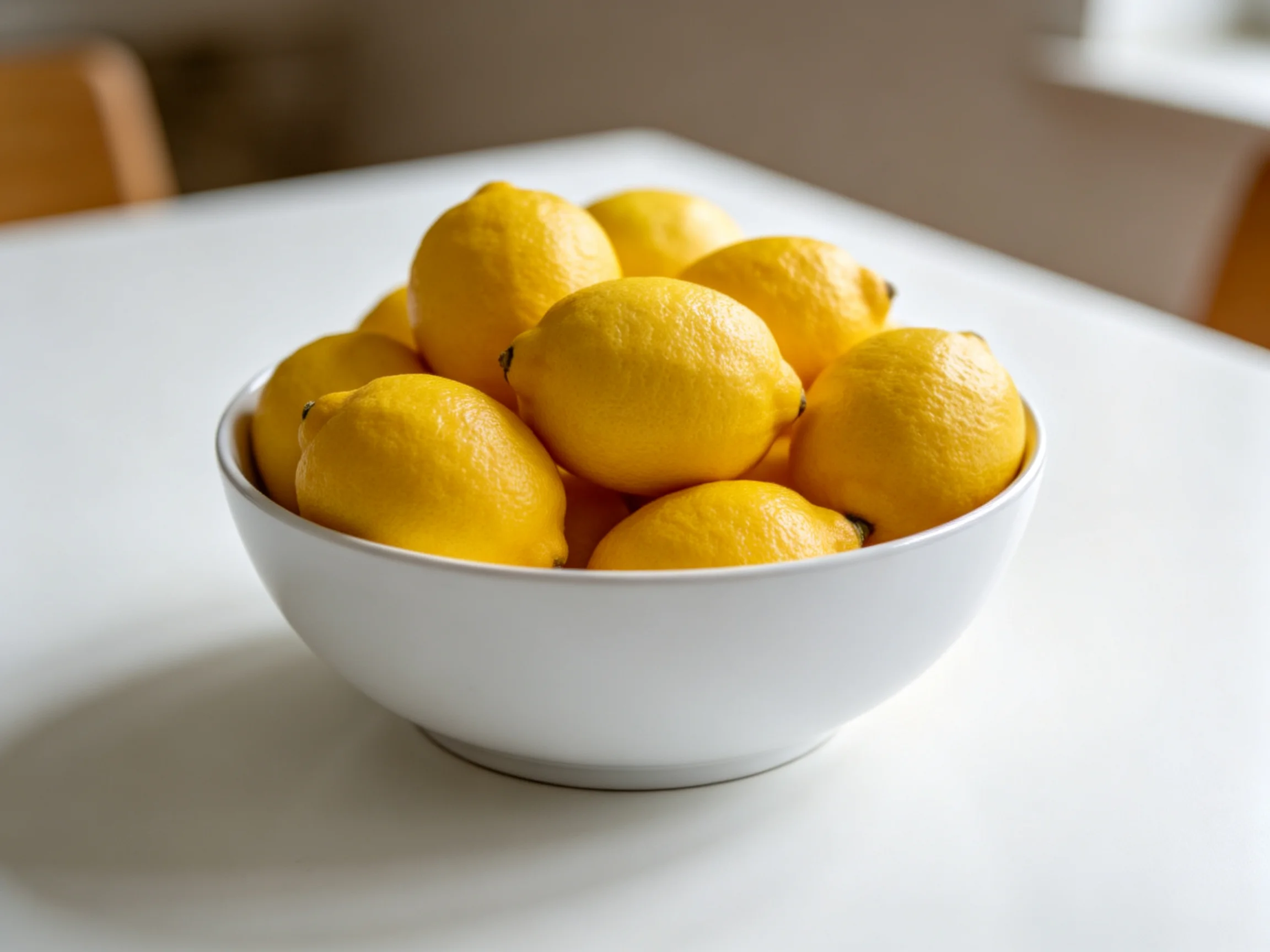 A white bowl brimming with bright yellow lemons sits on a white table