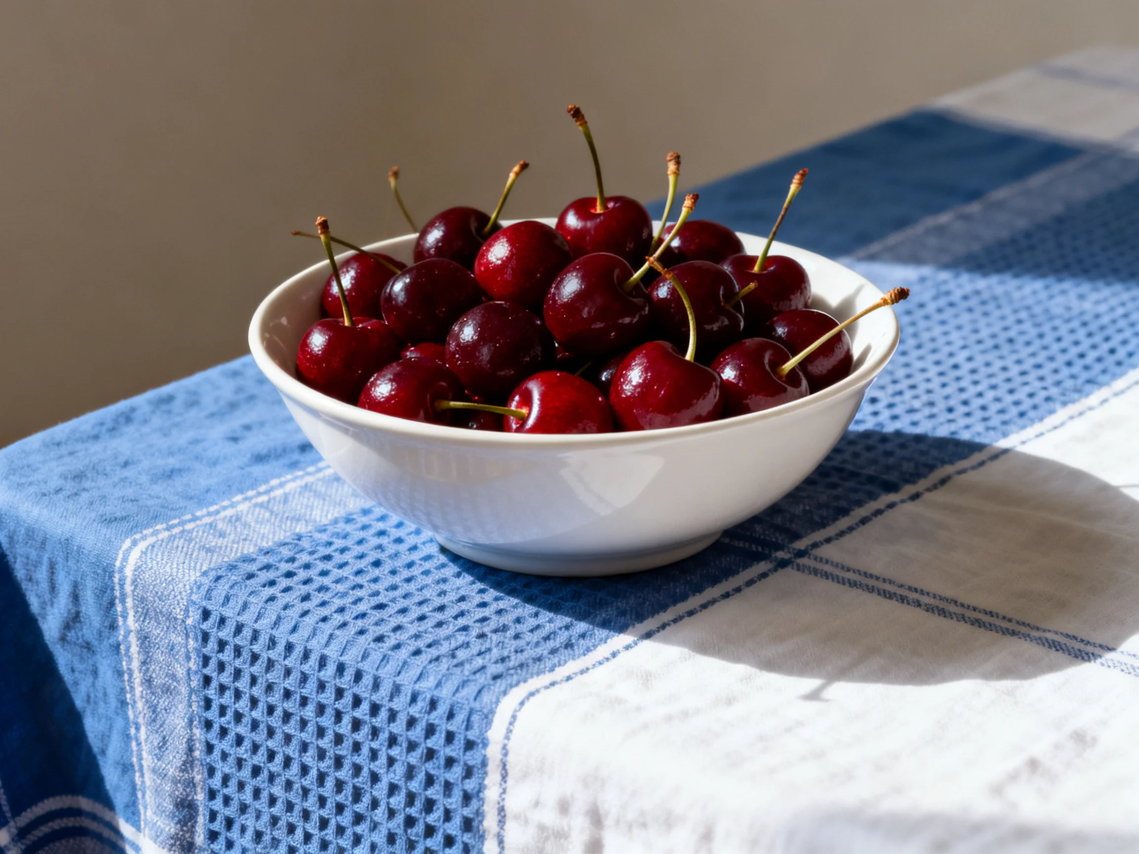 A white bowl brimming with glossy dark red cherries sits on a blue and white checkered cloth