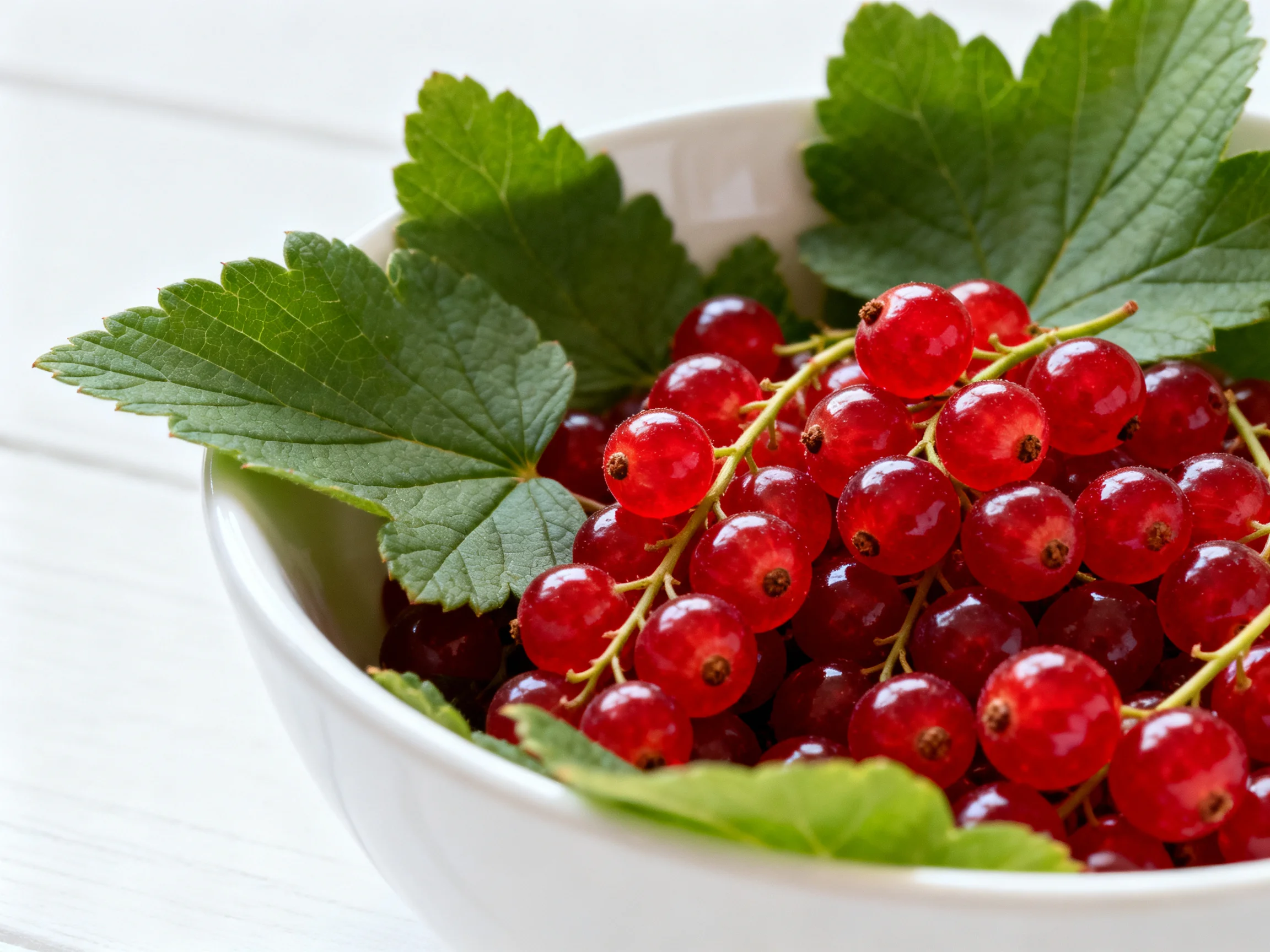 A white bowl brimming with glossy red currants and fresh green leaves