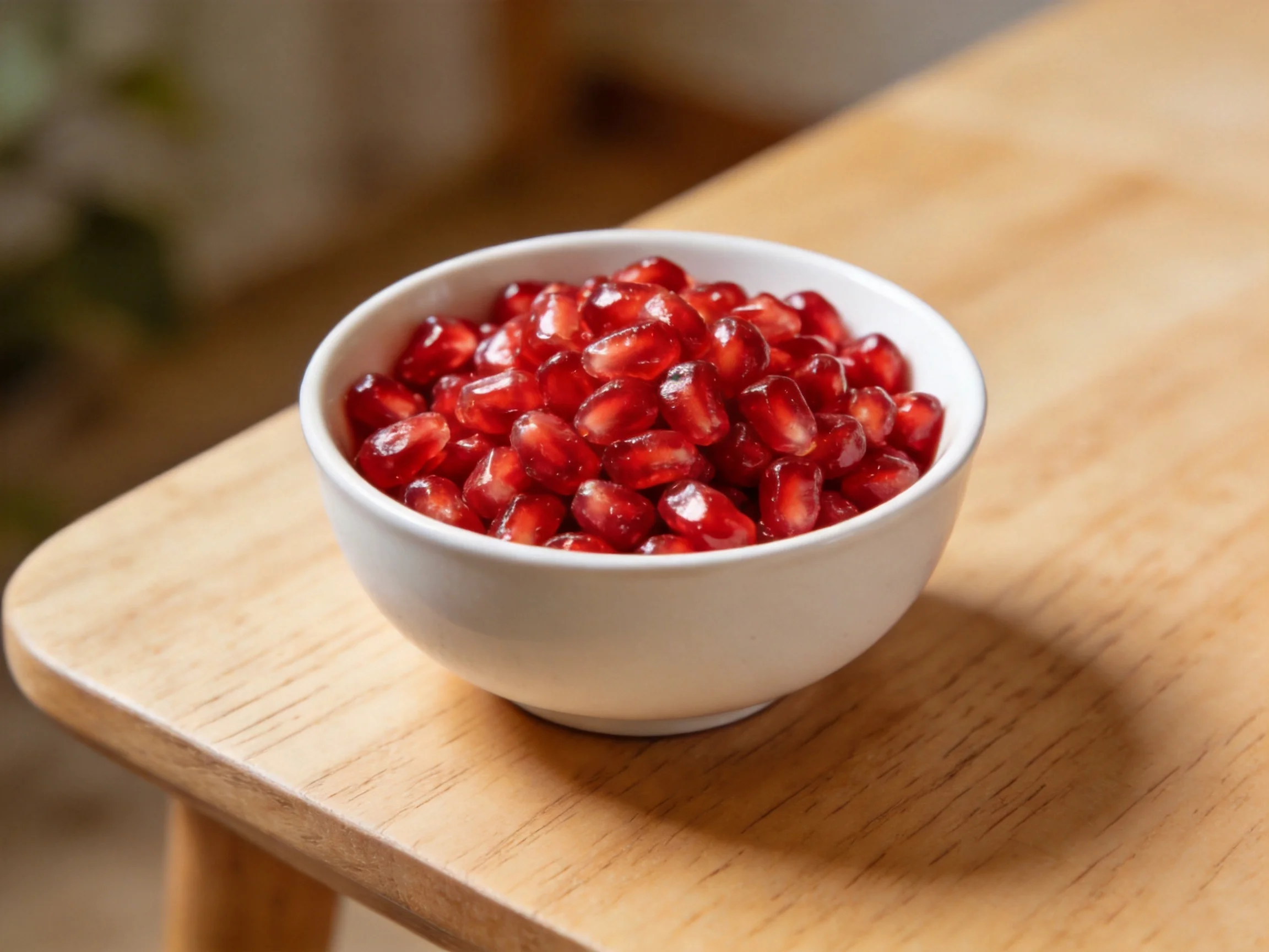 A white bowl brimming with glossy red pomegranate seeds on a wooden table