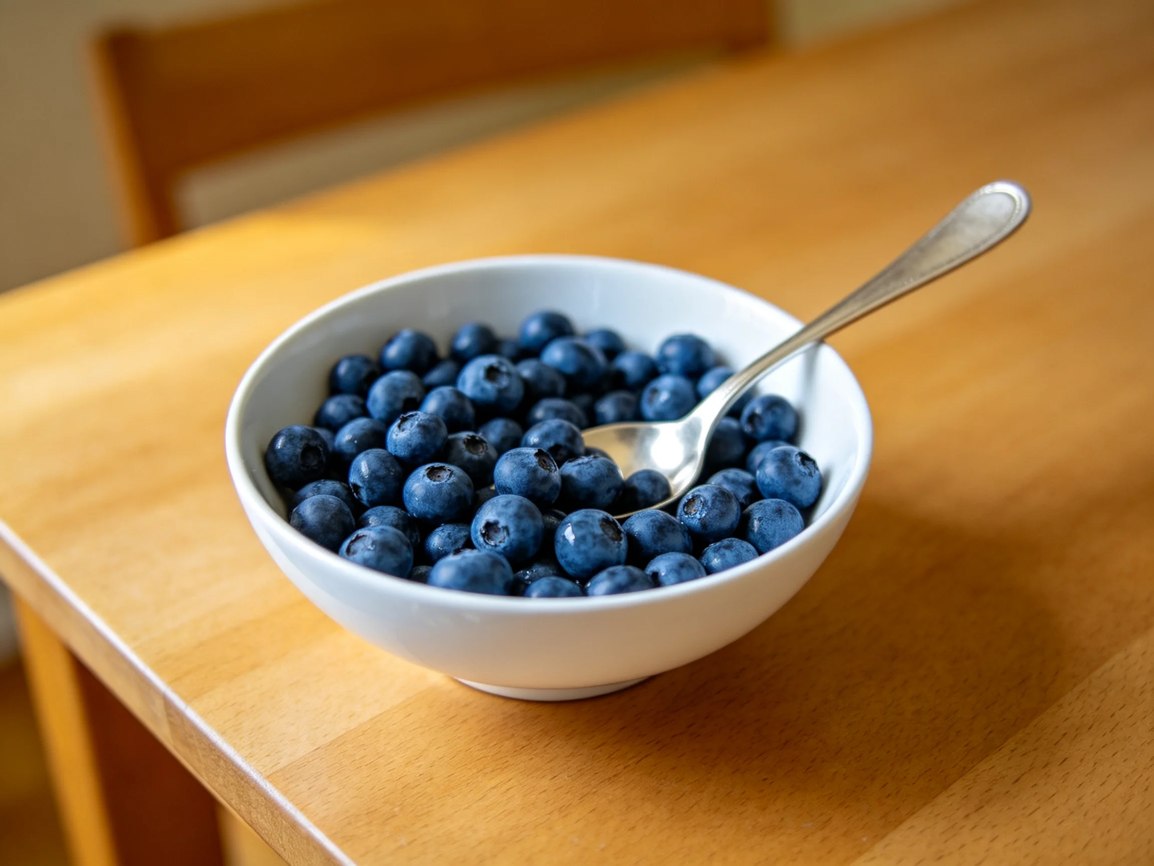 A white bowl brimming with plump blueberries sits on a wooden table