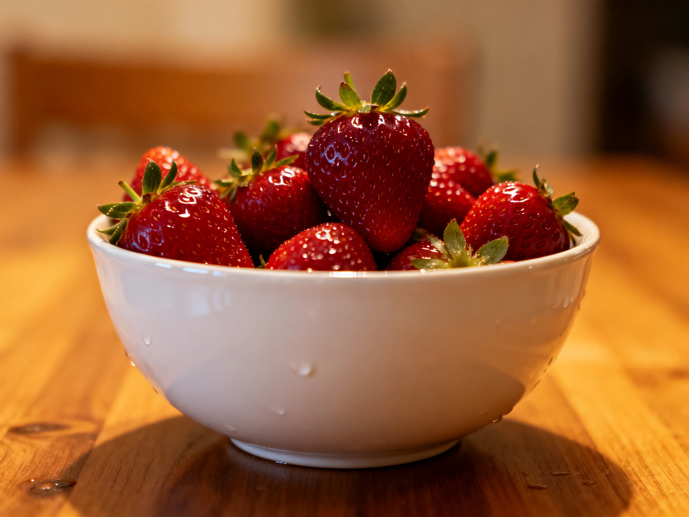 A white bowl brimming with plump red strawberries on a wooden table
