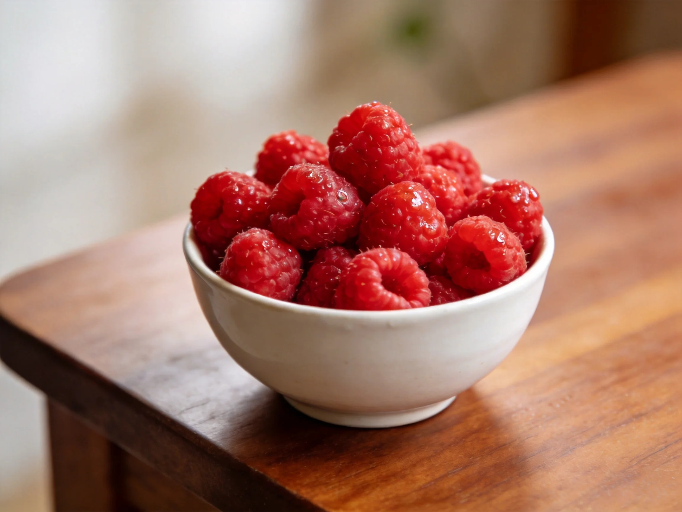 A white bowl brimming with red raspberries sits on a wooden table