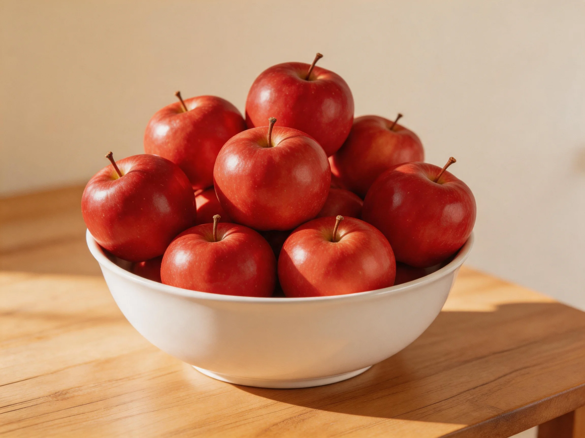 A white bowl brimming with vibrant red apples rests on a wooden table