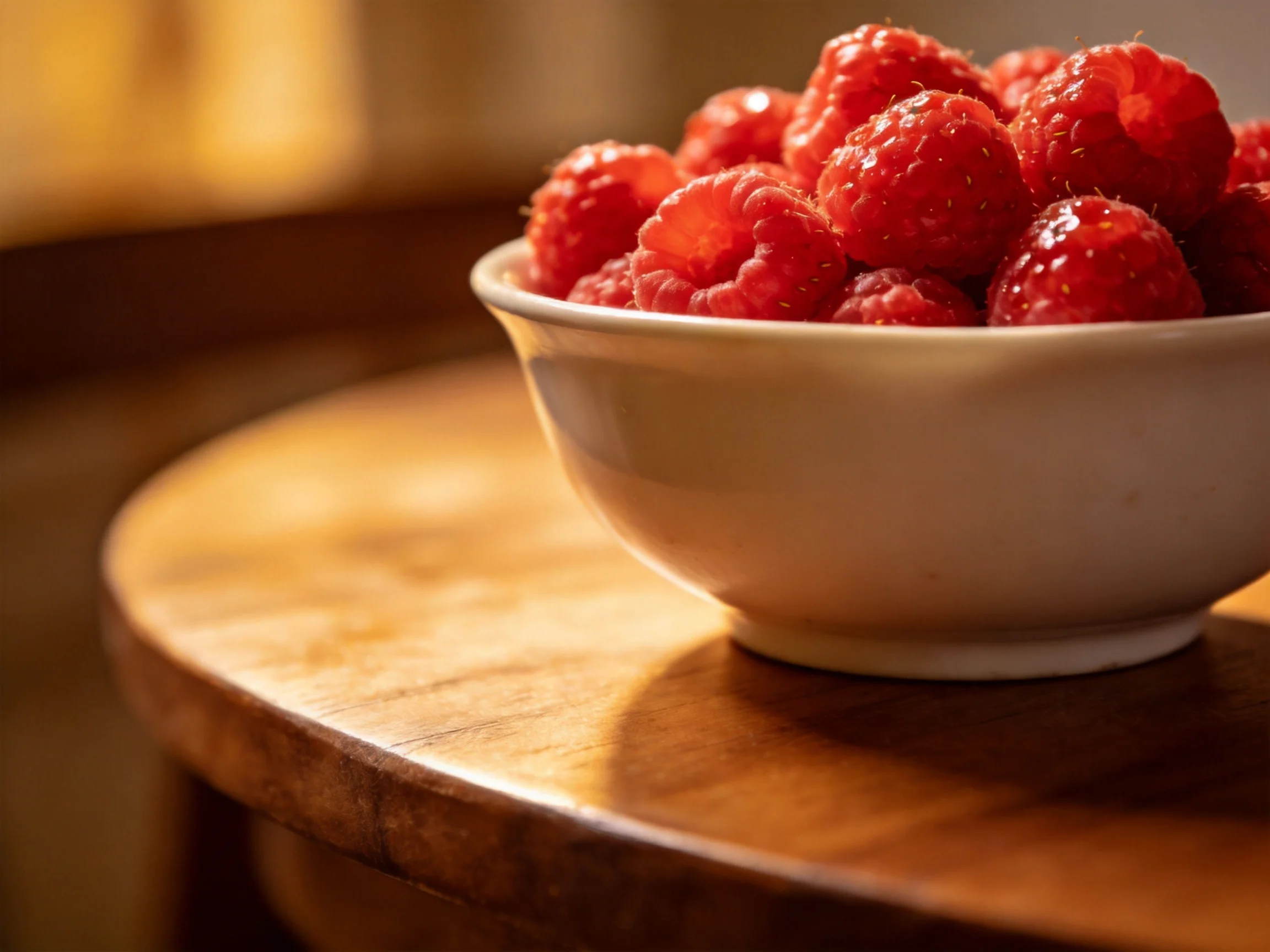 A white bowl brimming with vibrant red raspberries sits on a polished wooden table