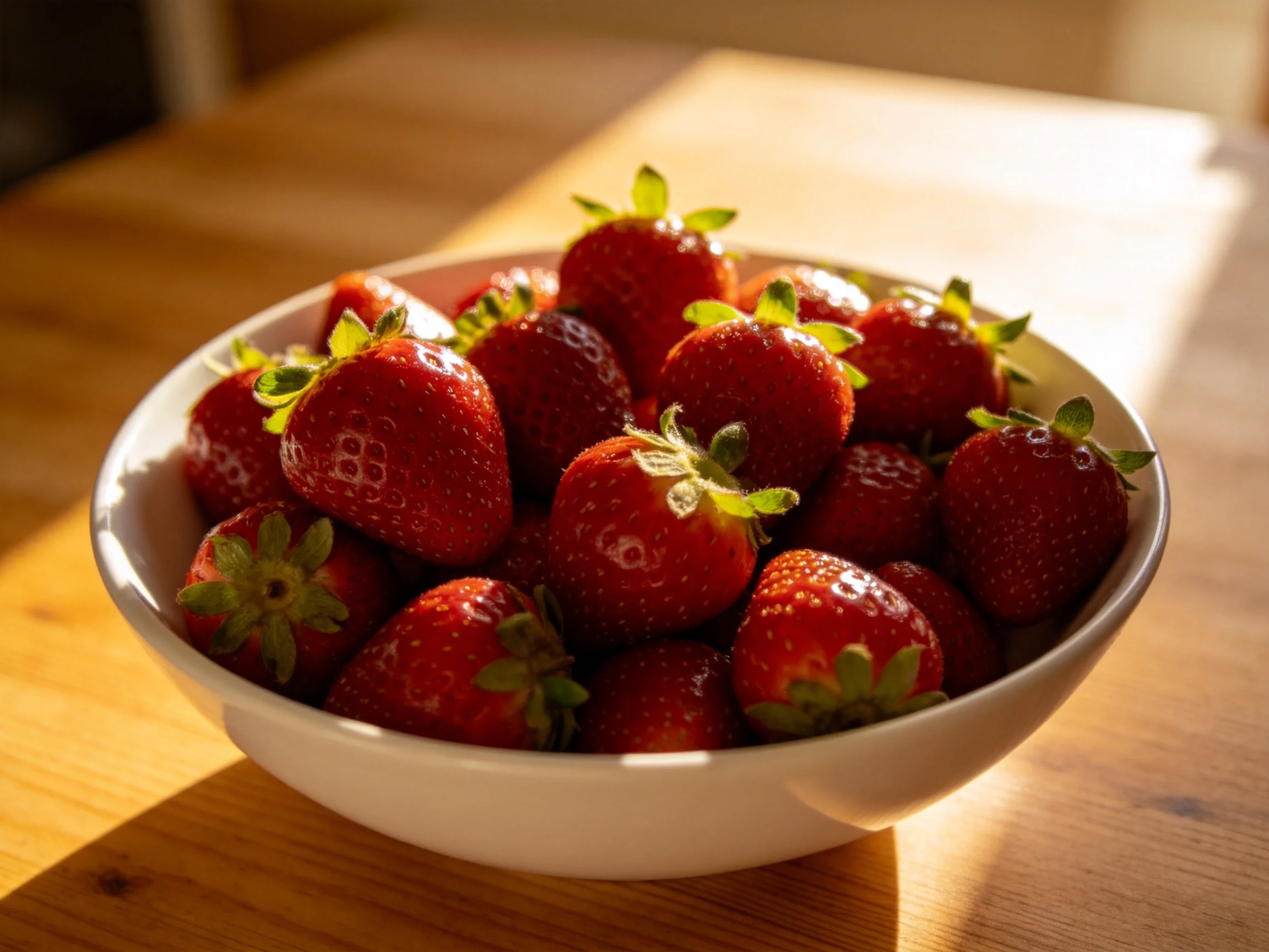 A white bowl brimming with vibrant red strawberries on a wooden surface