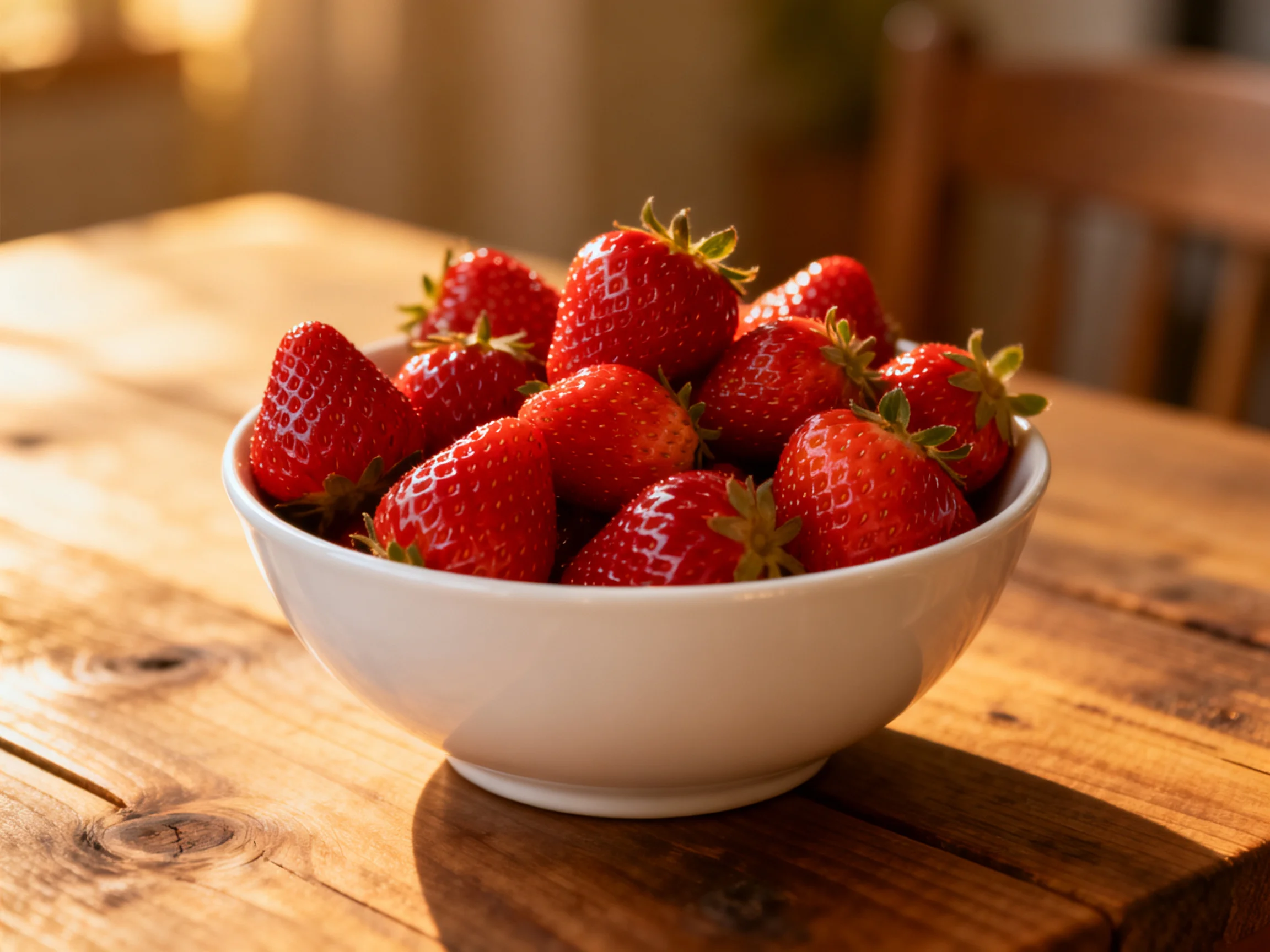 A white bowl brimming with vibrant red strawberries on a wooden table