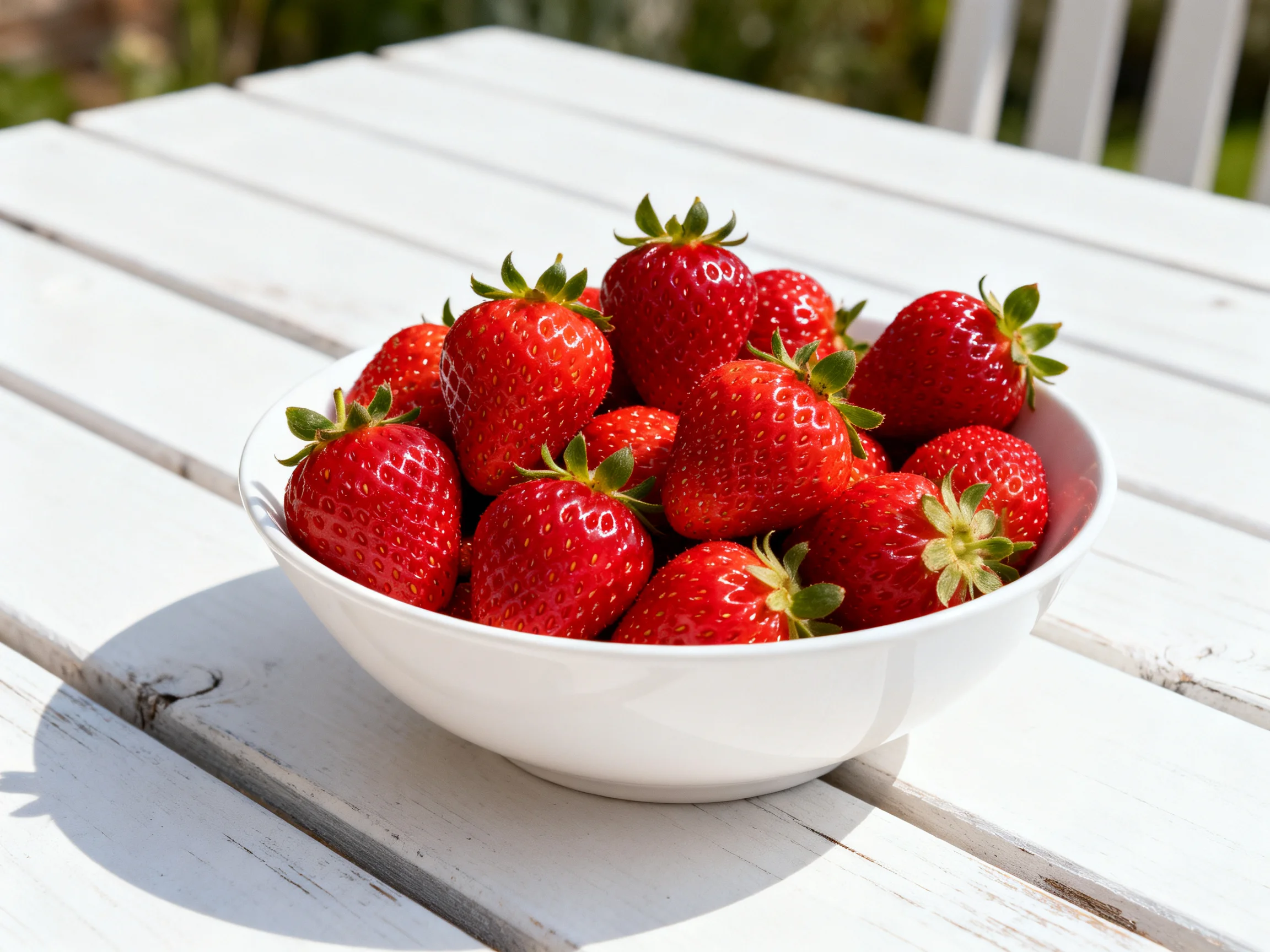 A white bowl brimming with vibrant red strawberries sits atop a white wooden table