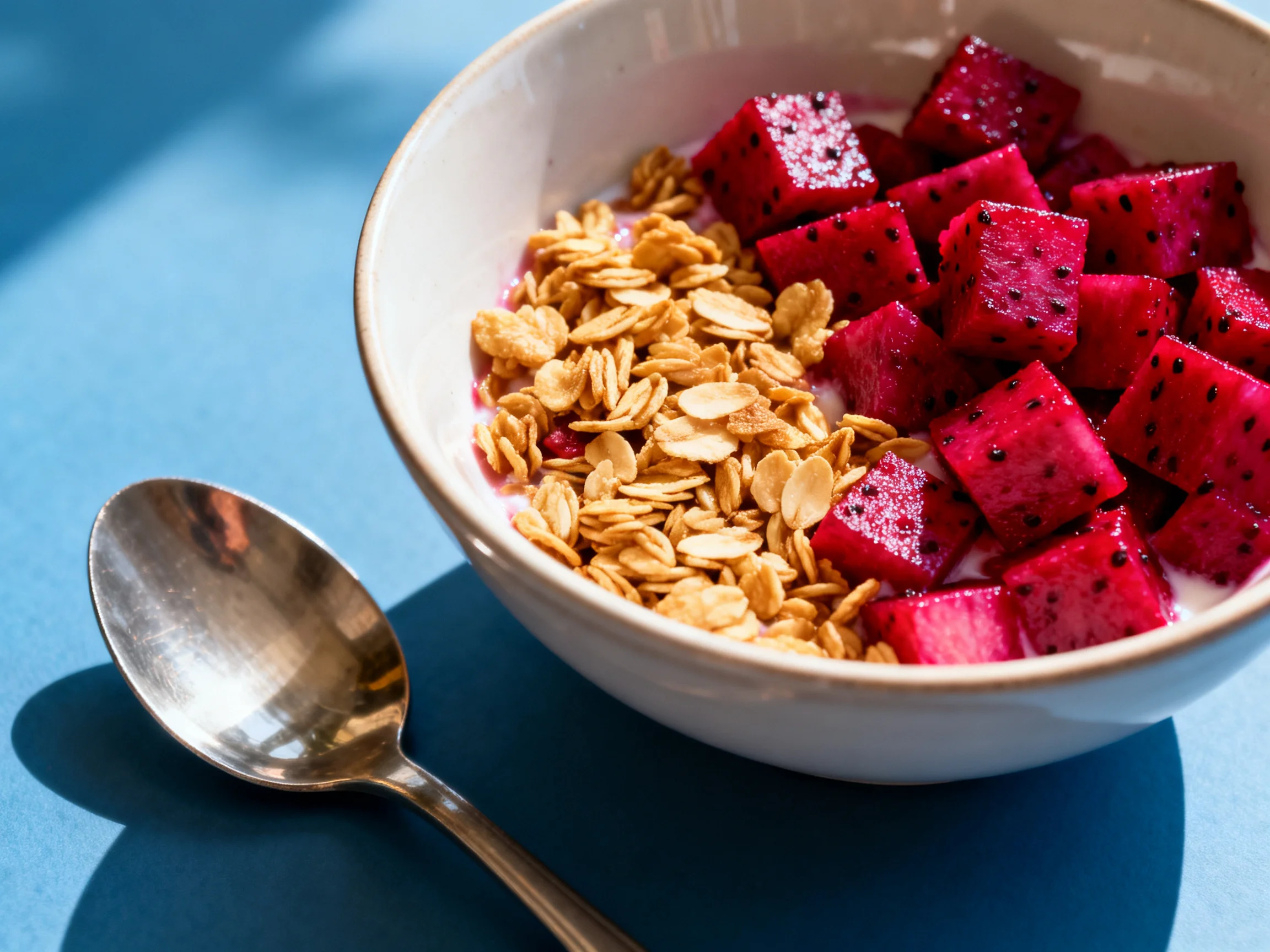 A white bowl contains granola, dragon fruit, and yogurt on a blue surface
