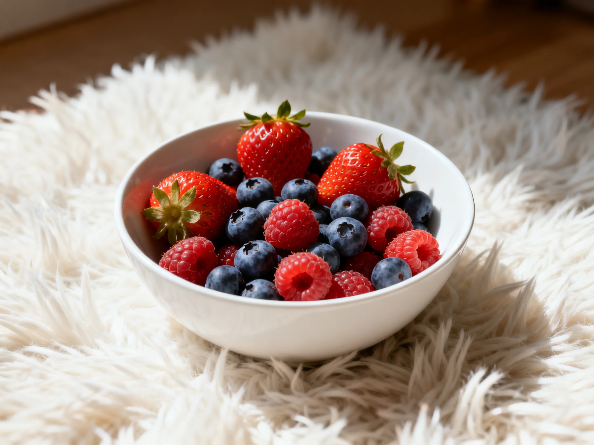 A white bowl filled with assorted berries rests on a plush white rug