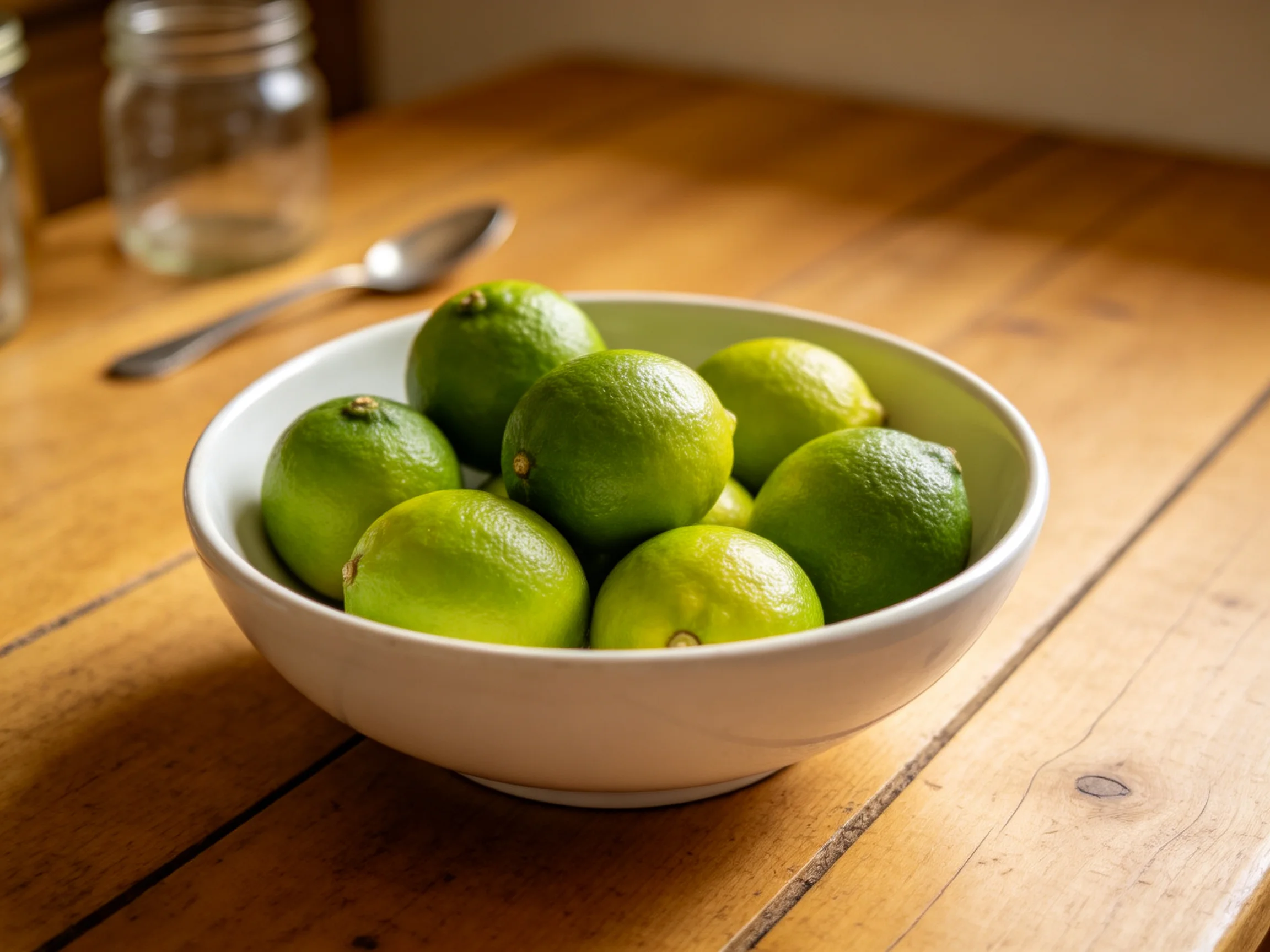 A white bowl filled with bright green limes sits on a wooden table
