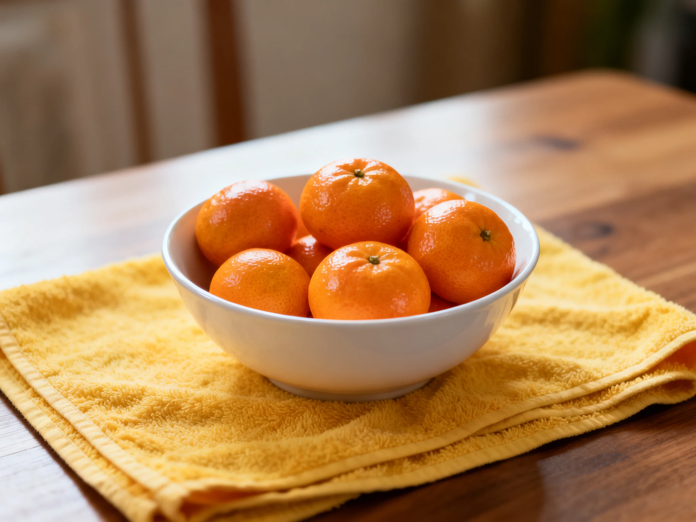 A white bowl filled with bright orange tangerines rests on a yellow towel atop a wooden table