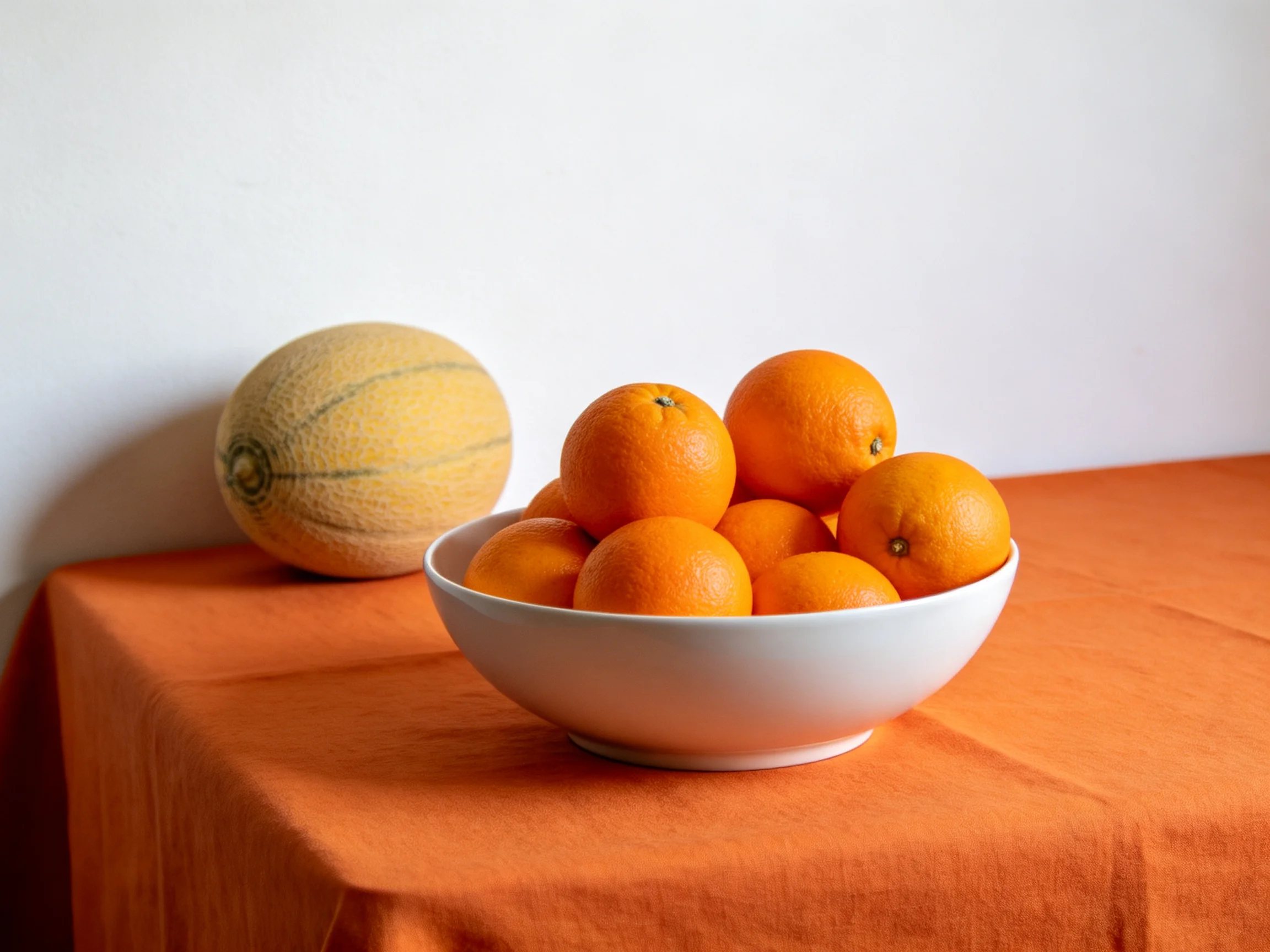 A white bowl filled with bright oranges sits beside a cantaloupe on an orange tablecloth