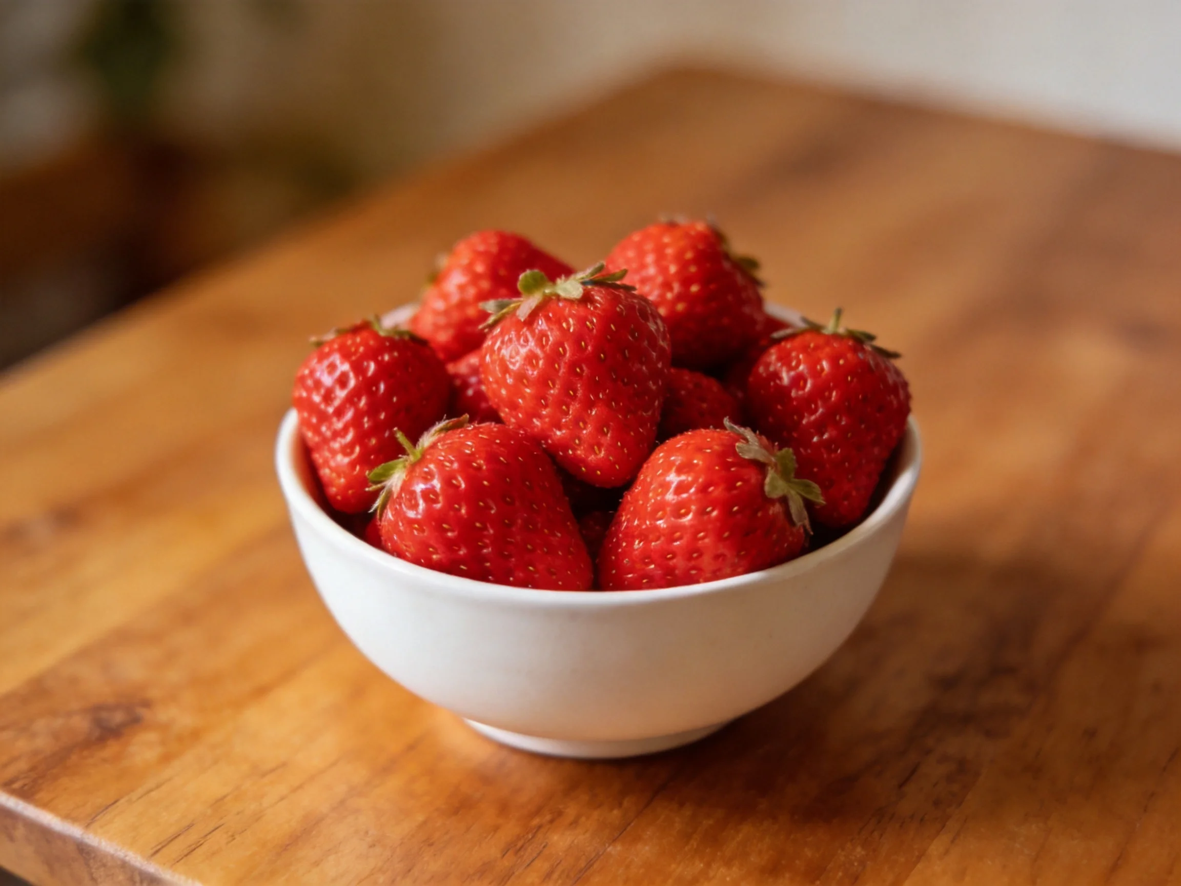 A white bowl filled with bright red strawberries sits on a wooden table