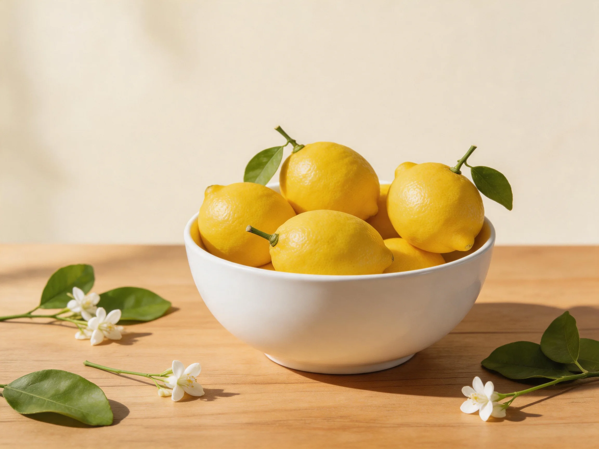 A white bowl filled with bright yellow lemons on a wooden table