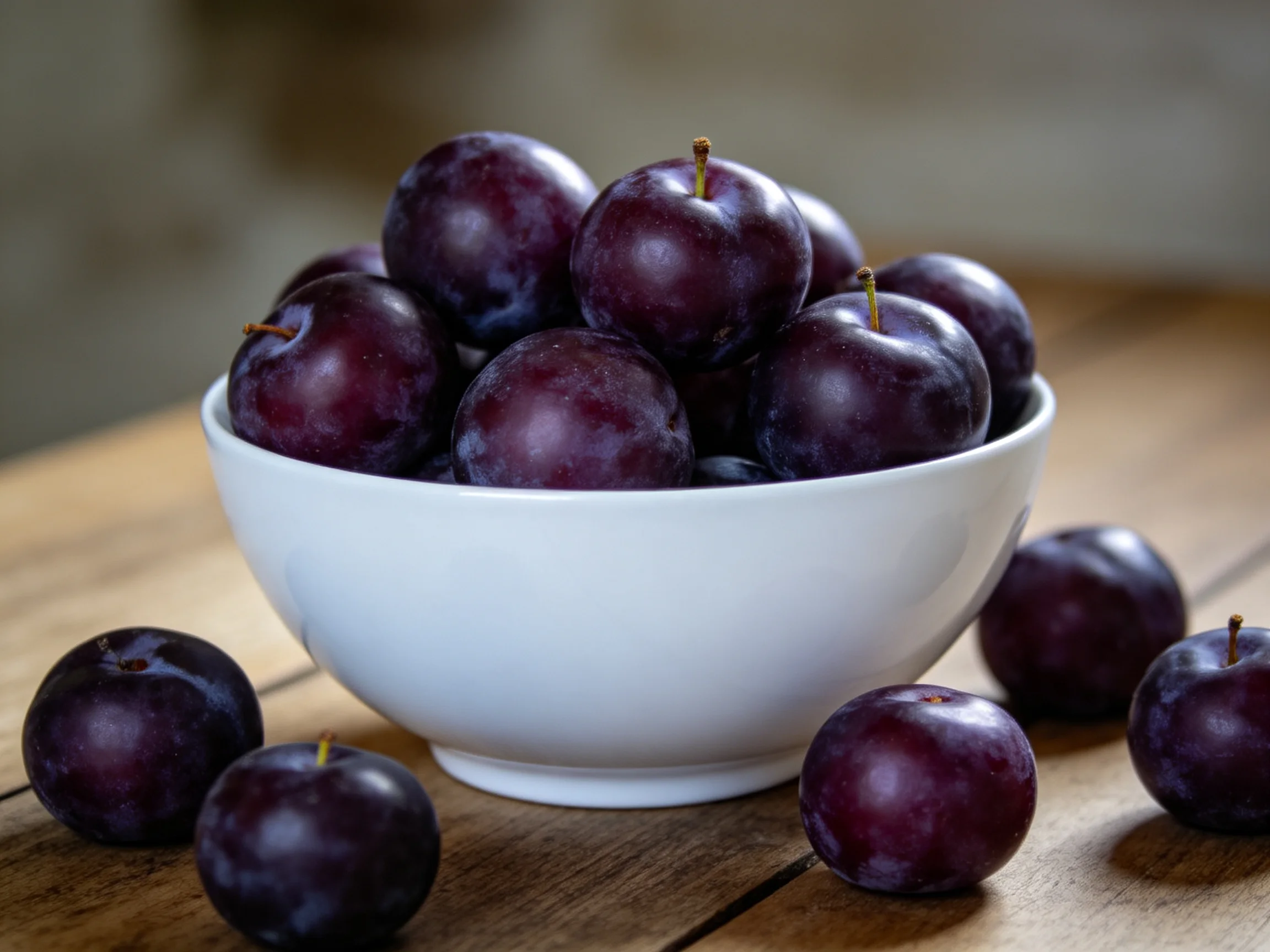 A white bowl filled with deep purple plums on a wooden table