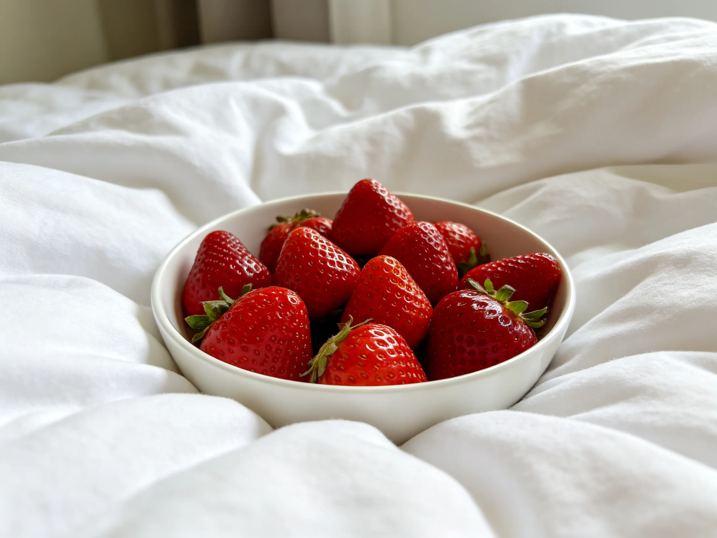 A white bowl filled with fresh red strawberries on a white bedspread