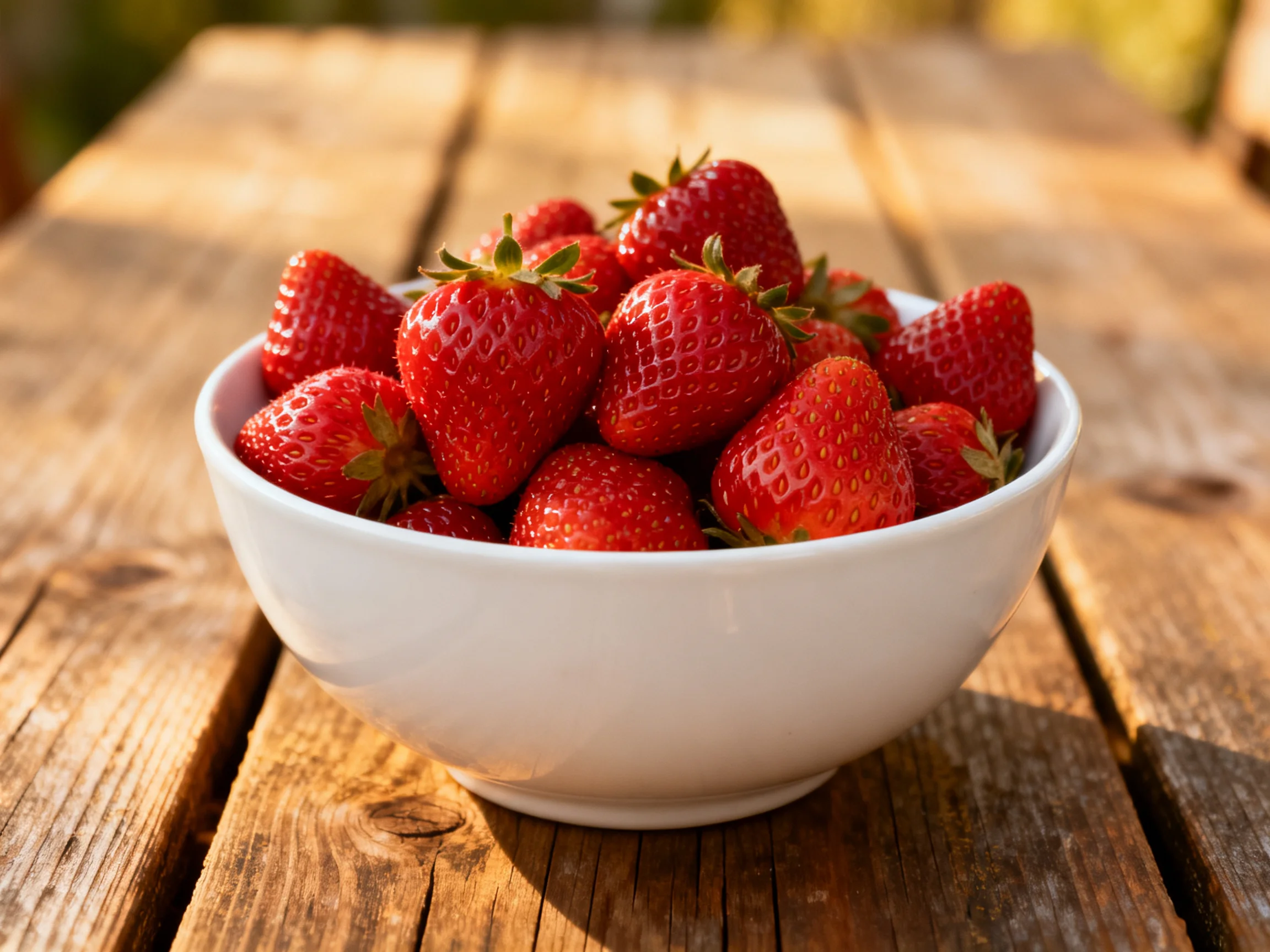 A white bowl filled with fresh red strawberries sits on a wooden table