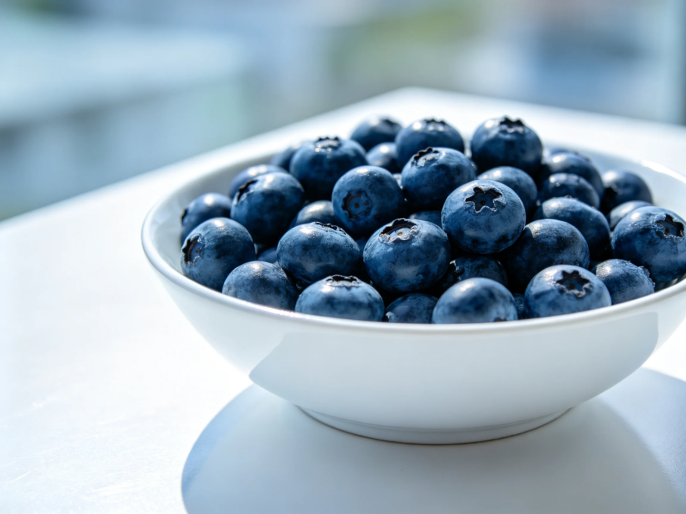 A white bowl filled with numerous fresh blueberries